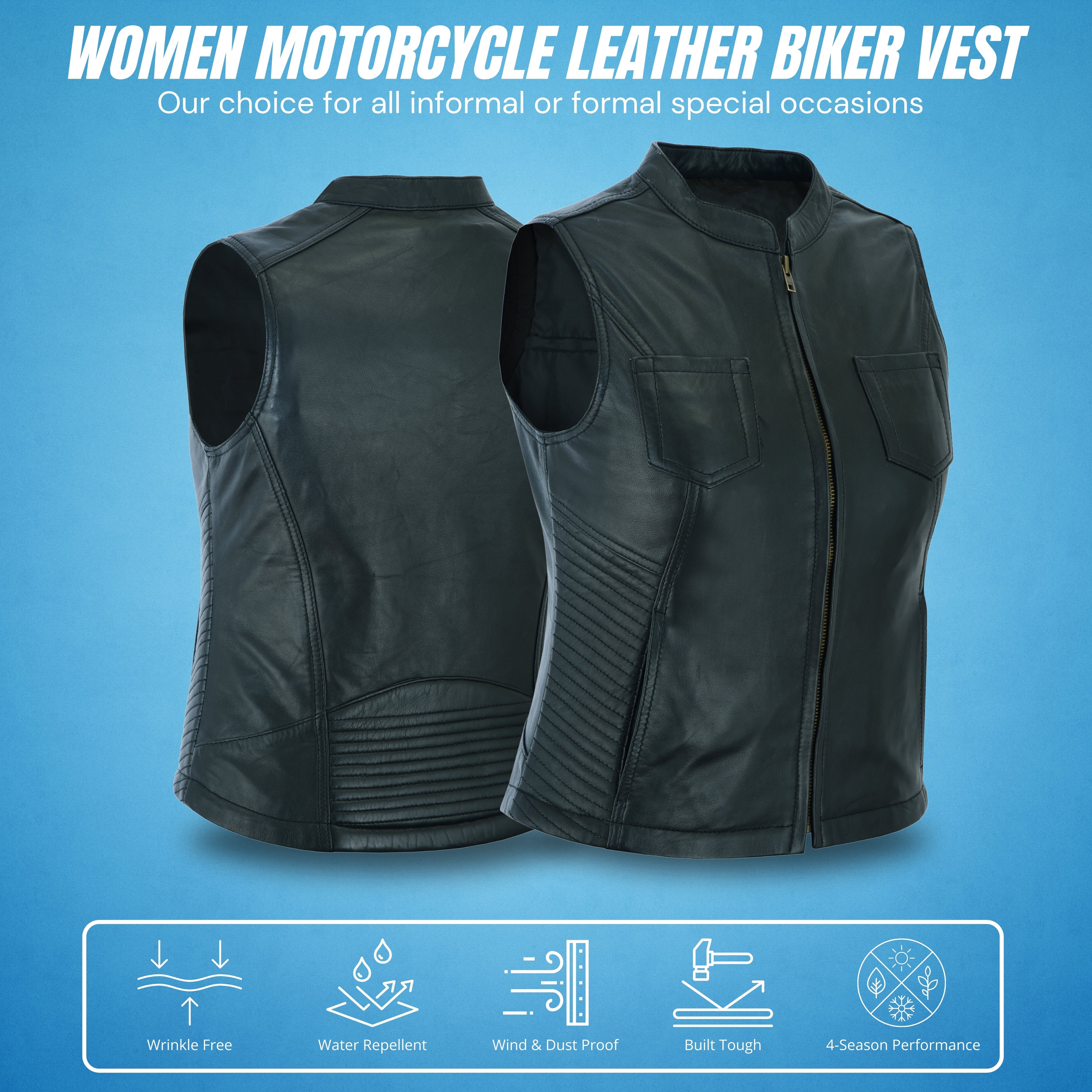 Women’s Leather Motorcycle Vest with Concealed Gun Pockets and Racer Collar – Tactical Clubwear by Rexons