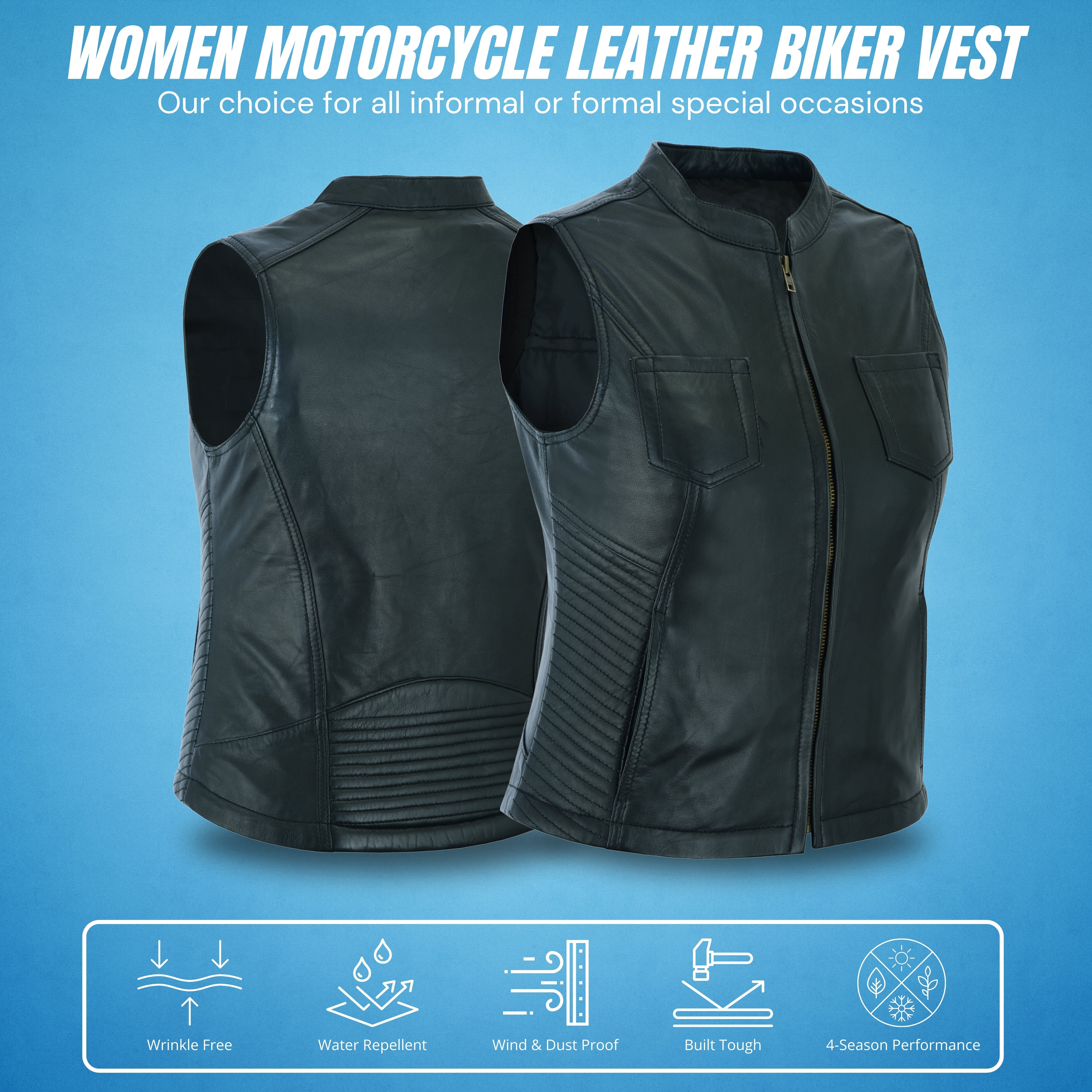 Women’s Leather Motorcycle Vest with Concealed Gun Pockets and Racer Collar – Tactical Clubwear by Rexons