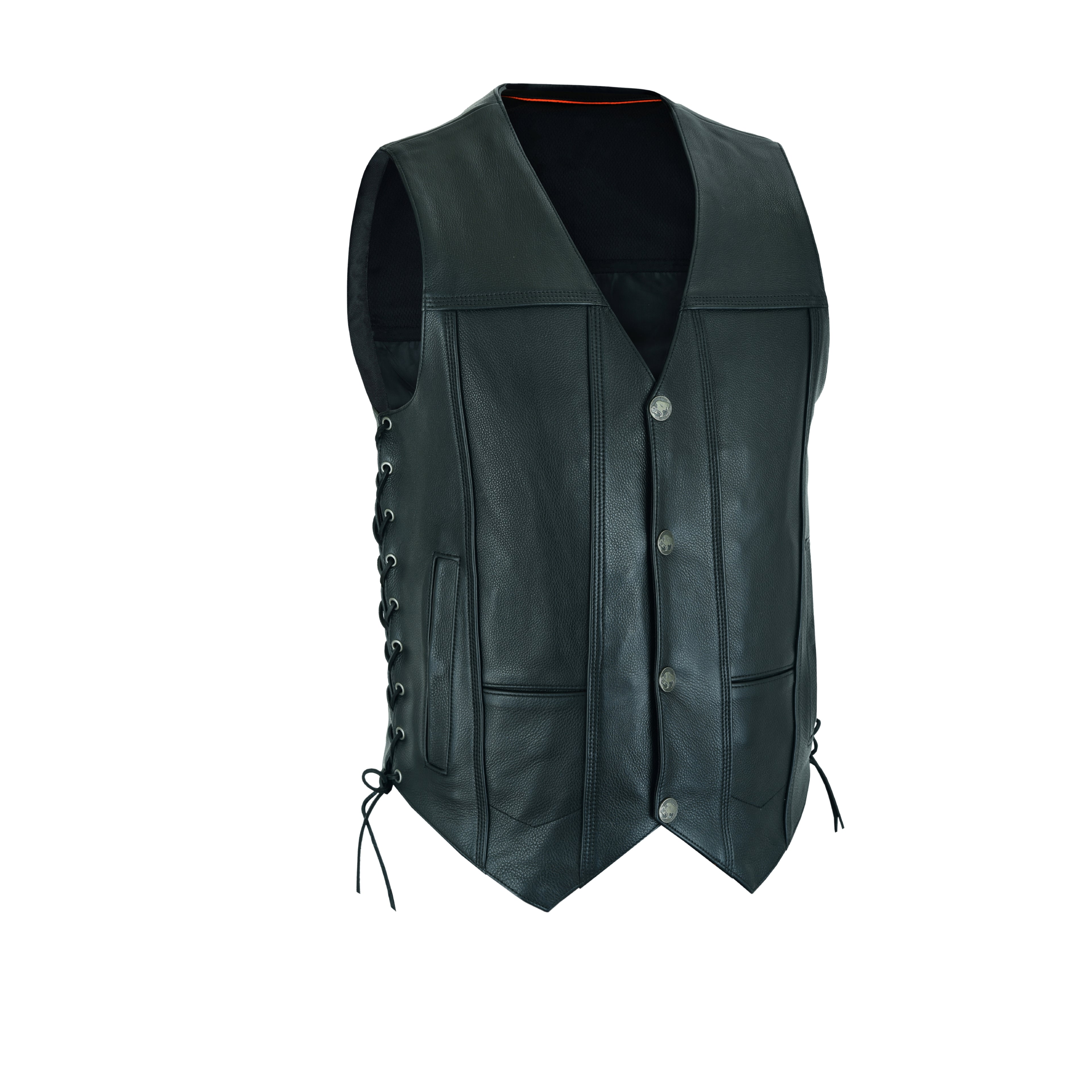 Men’s Black Classic V-Neck Motorcycle Vest – Premium Buffalo Leather Biker Vest with Snap Closure & Patch-Friendly Back