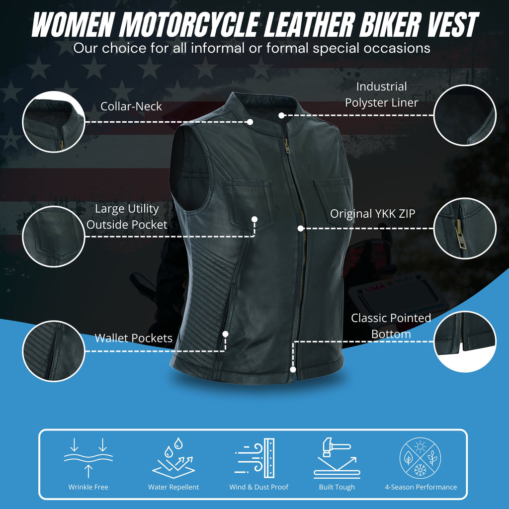 Women’s Leather Motorcycle Vest with Concealed Gun Pockets and Racer Collar – Tactical Clubwear by Rexons