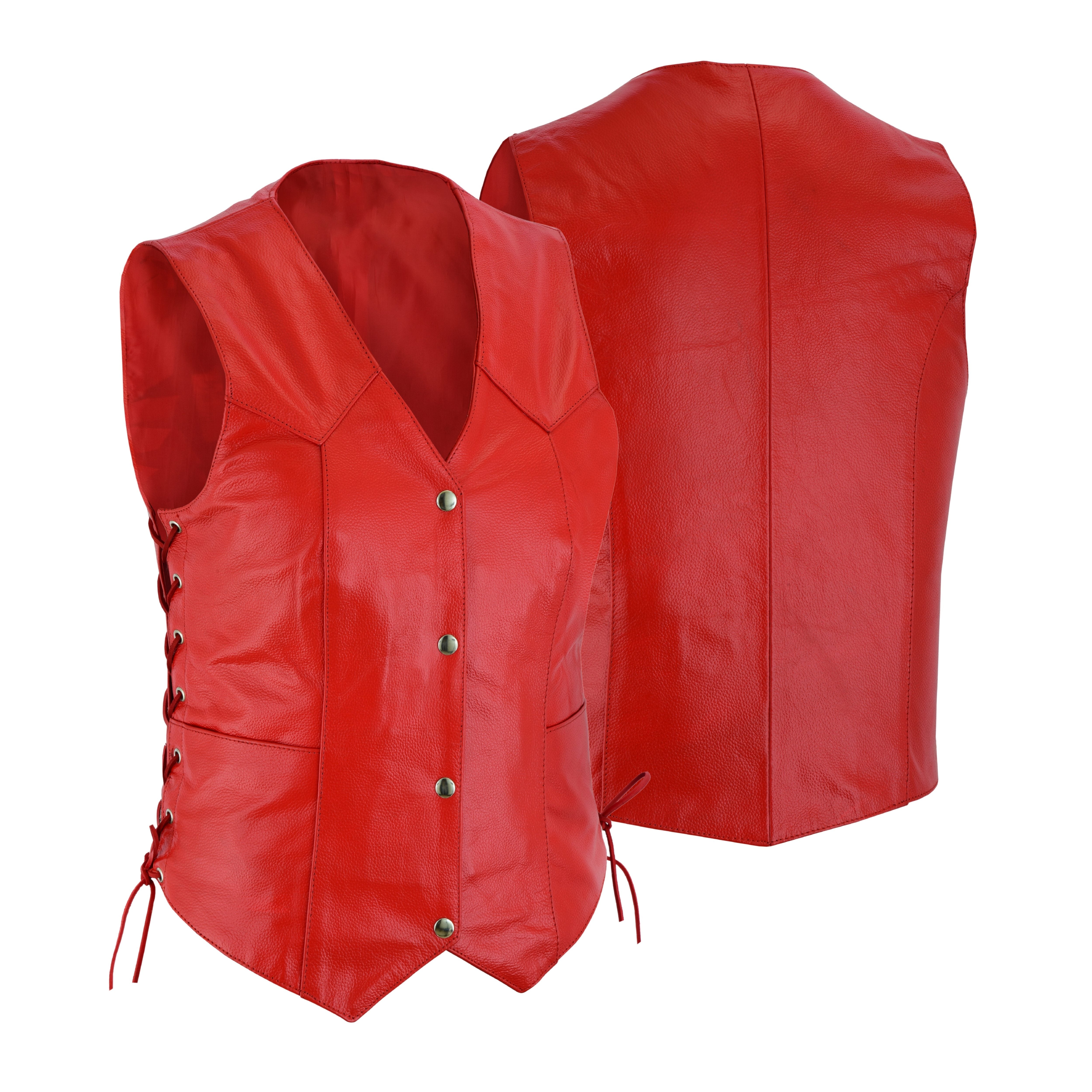 Women’s Red Soft Leather Biker Motorcycle Vest with Black Concealed Carry Pockets – by Rexons