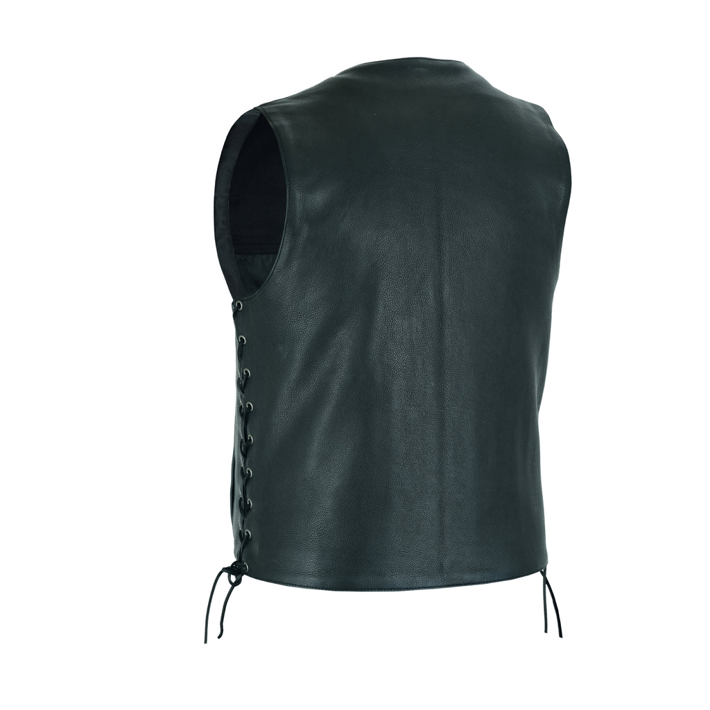 Men’s Black Classic V-Neck Motorcycle Vest – Premium Buffalo Leather Biker Vest with Snap Closure & Patch-Friendly Back