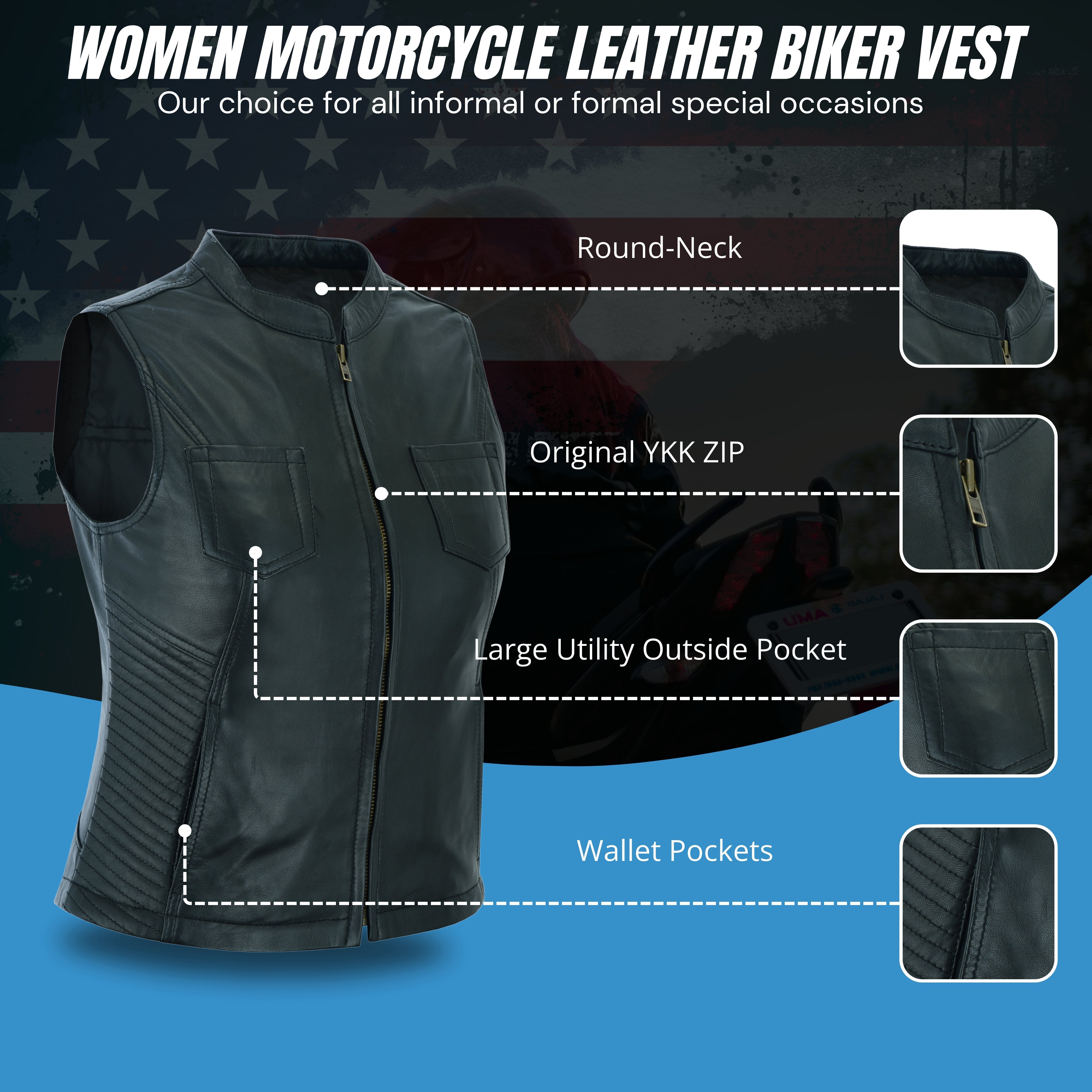 Women’s Leather Motorcycle Vest with Concealed Gun Pockets and Racer Collar – Tactical Clubwear by Rexons