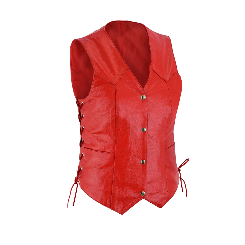 Women’s Red Soft Leather Biker Motorcycle Vest with Black Concealed Carry Pockets – by Rexons