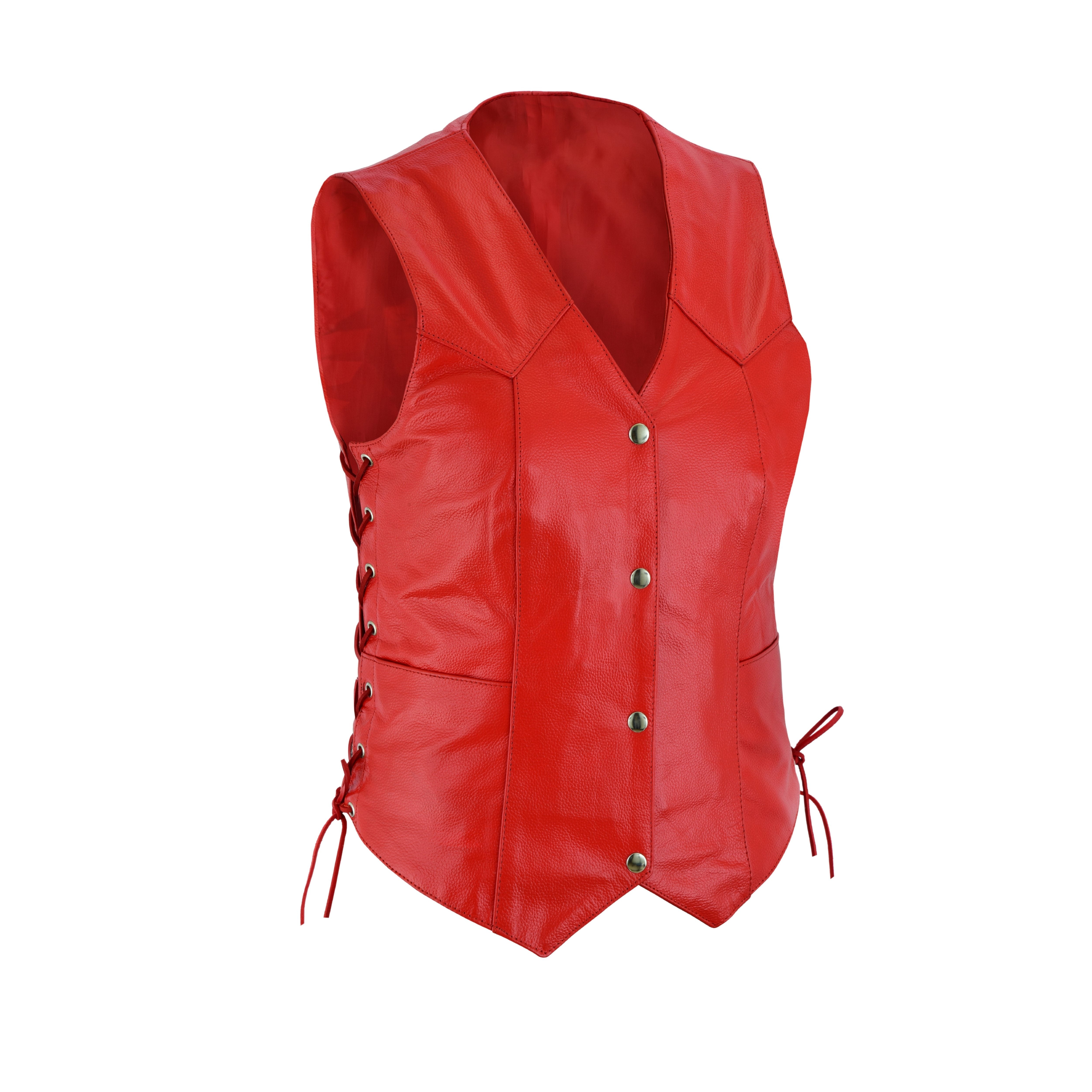 Women’s Red Soft Leather Biker Motorcycle Vest with Black Concealed Carry Pockets – by Rexons