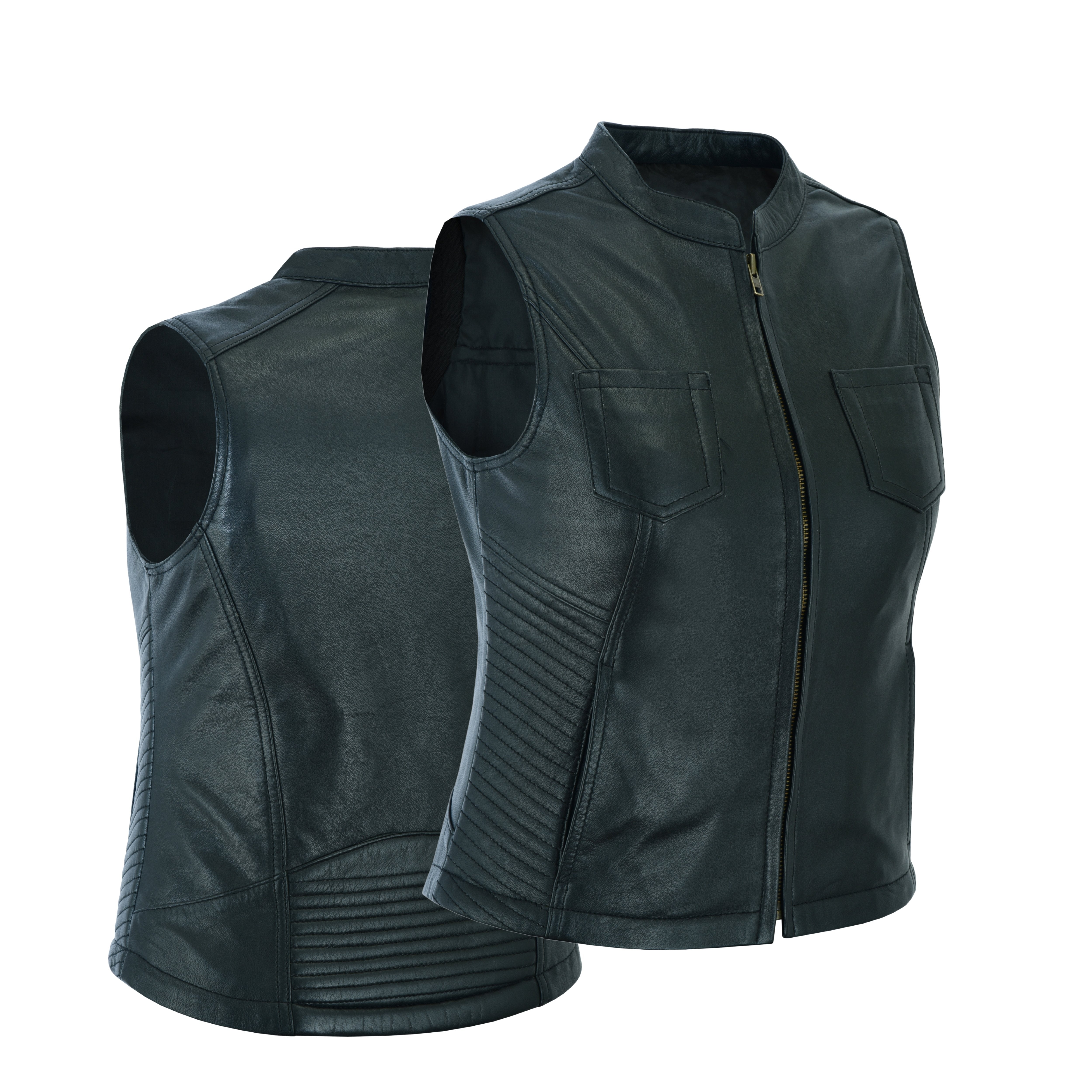 Women’s Leather Motorcycle Vest with Concealed Gun Pockets and Racer Collar – Tactical Clubwear by Rexons