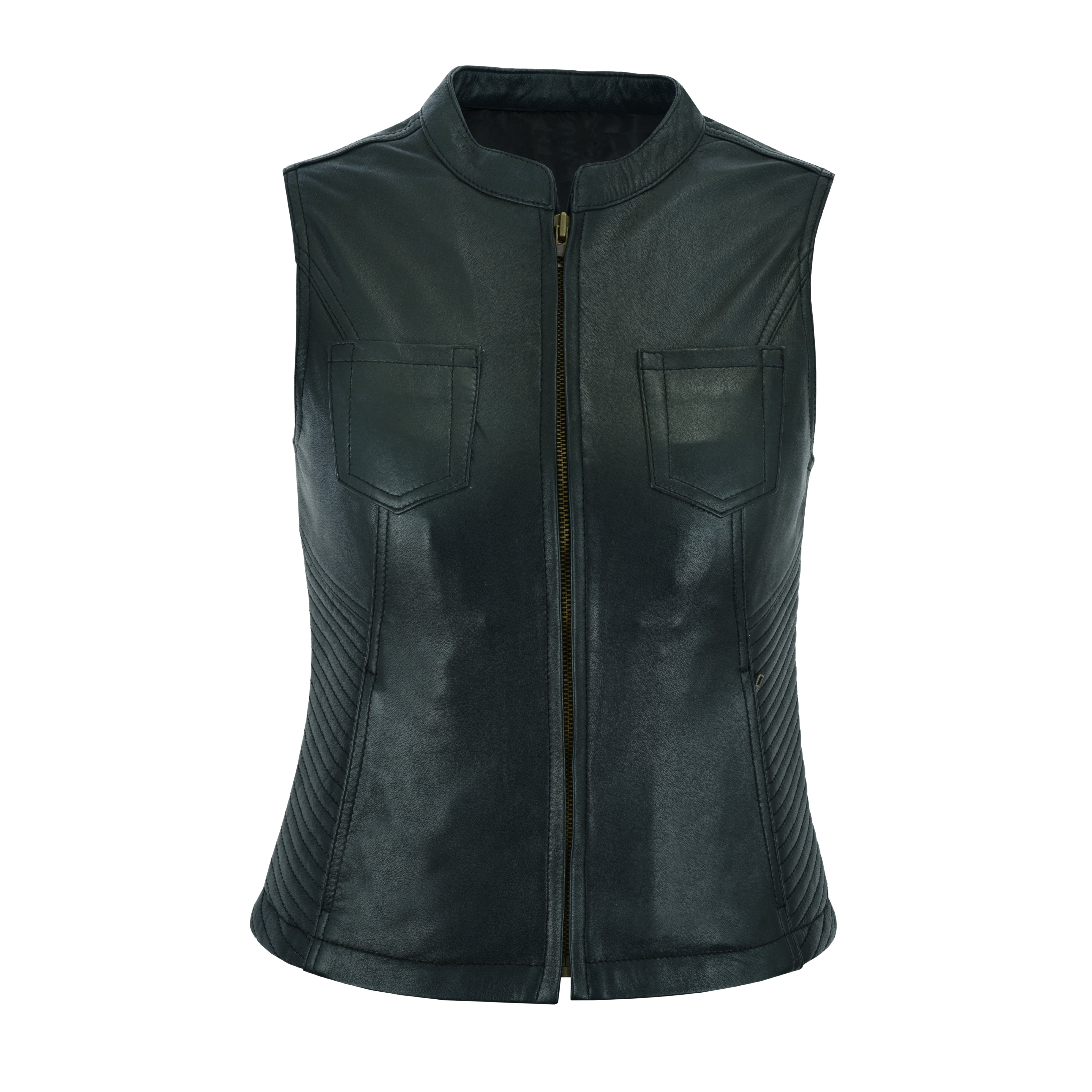 Women’s Leather Motorcycle Vest with Concealed Gun Pockets and Racer Collar – Tactical Clubwear by Rexons