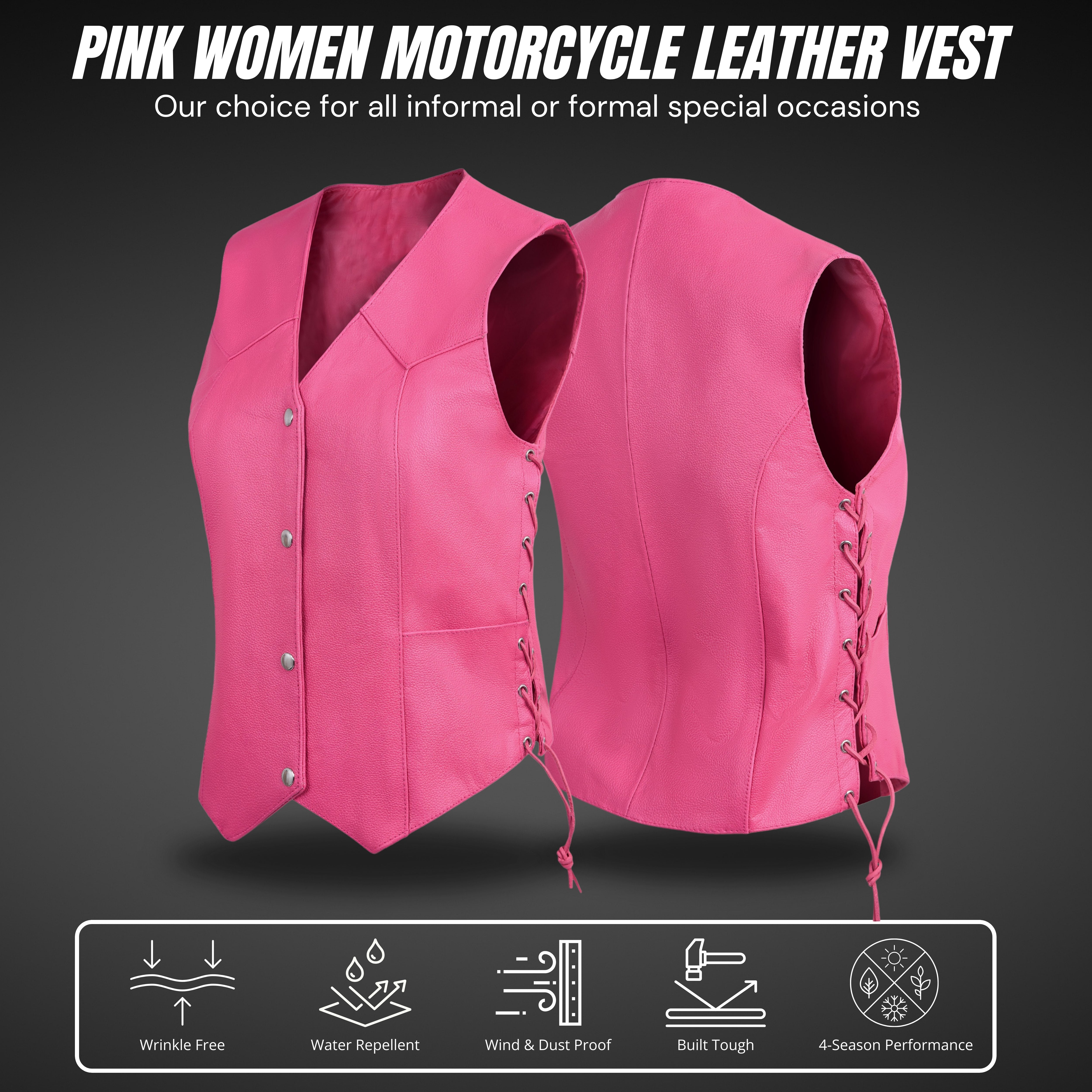 Women’s Pink Western Leather Vest with Side Lacing – Handmade by Rexons | All Colors Available