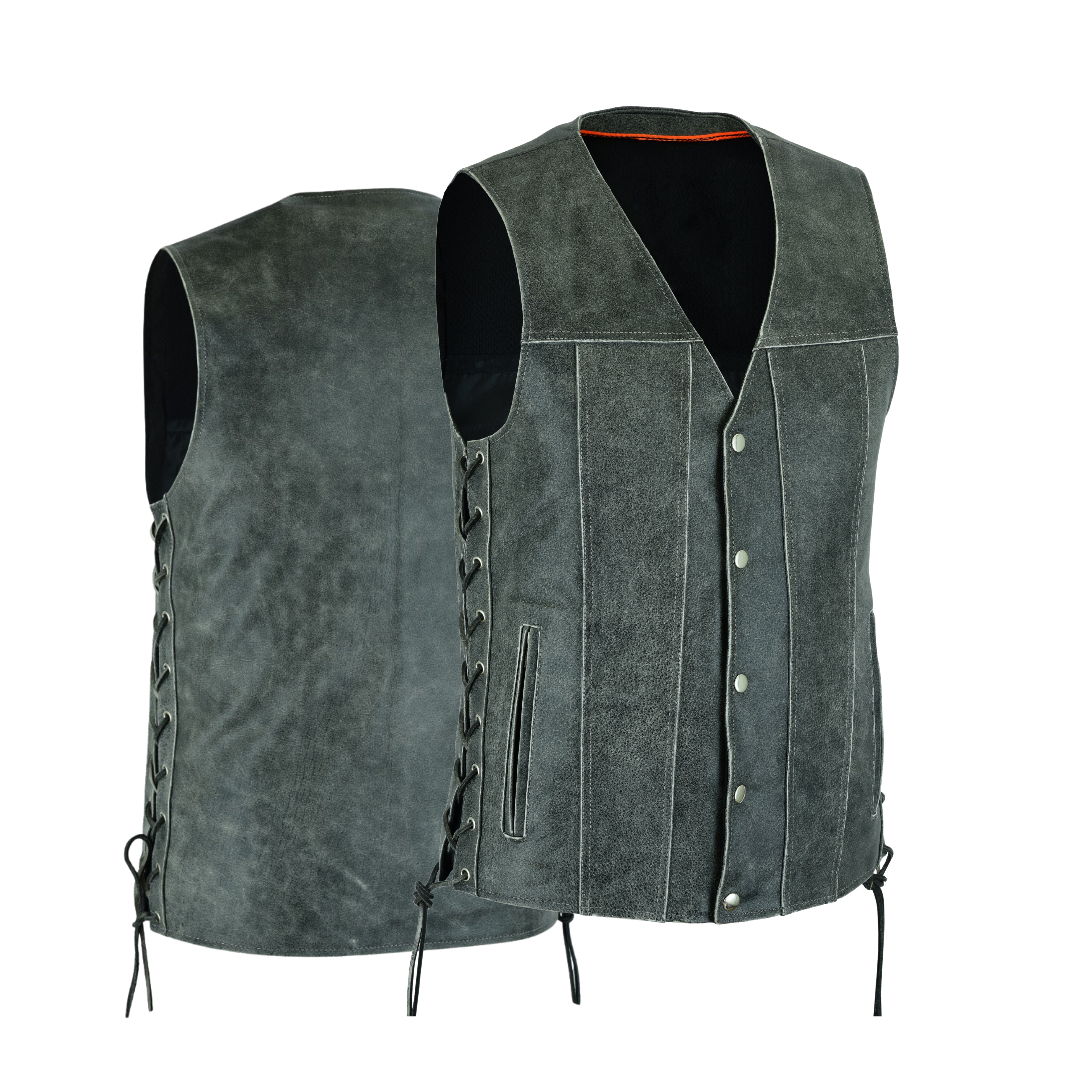 HL2611Grey Men's Gray Leather Motorcycle Vest – Straight Bottom Design with Dual Gun Pockets and Snap Closure