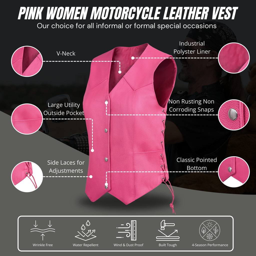 Women’s Pink Western Leather Vest with Side Lacing – Handmade by Rexons | All Colors Available