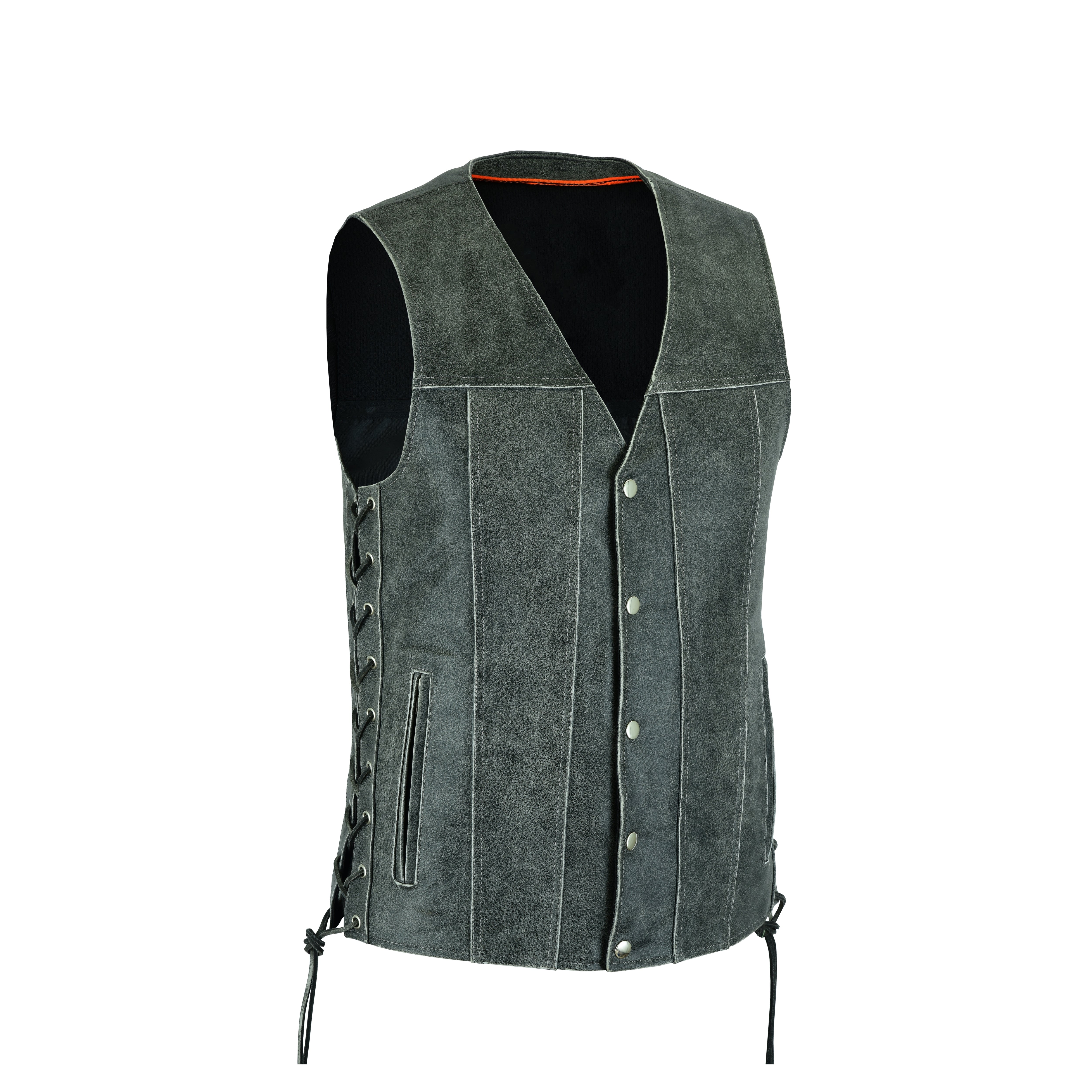HL2611Grey Men's Gray Leather Motorcycle Vest – Straight Bottom Design with Dual Gun Pockets and Snap Closure