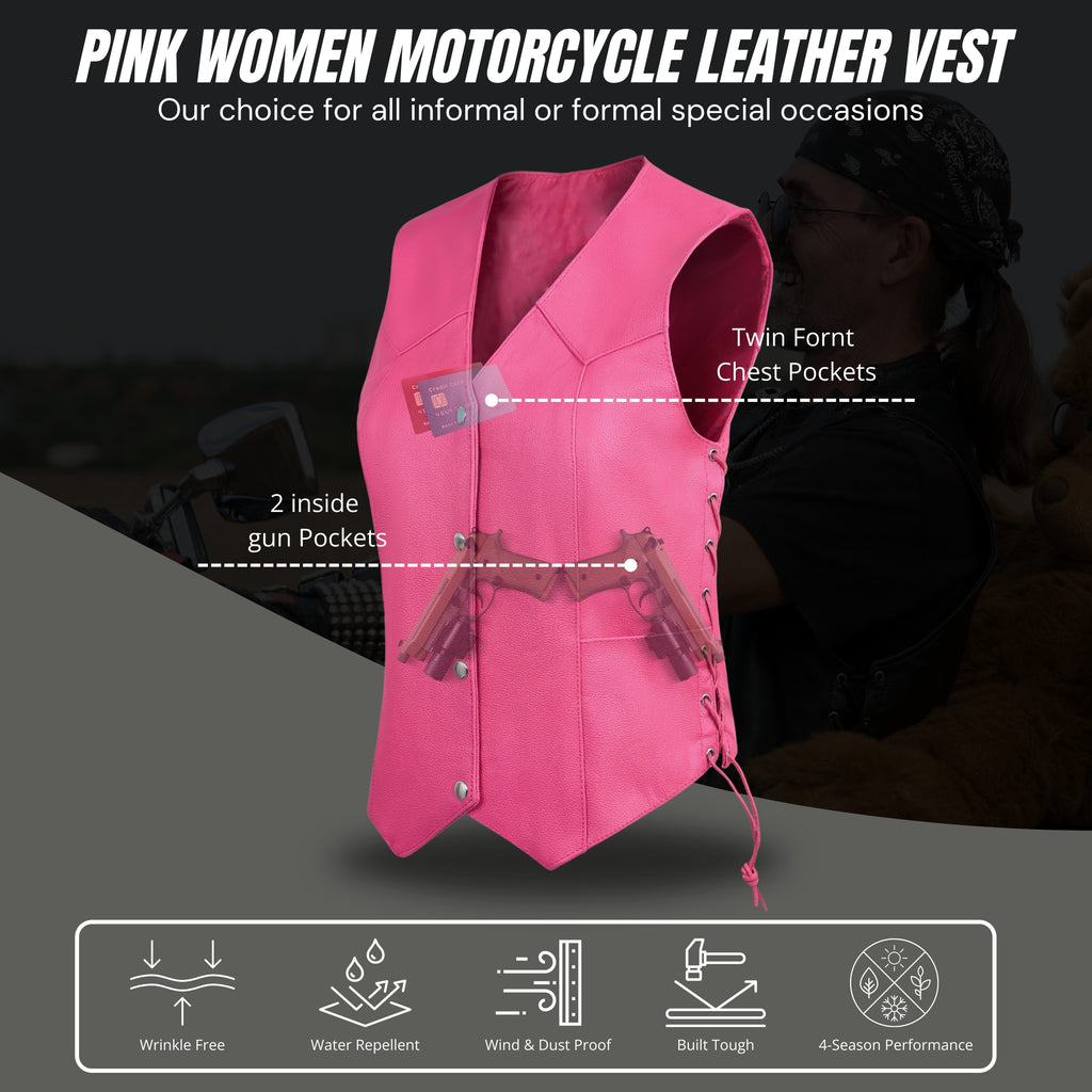 Women’s Pink Western Leather Vest with Side Lacing – Handmade by Rexons | All Colors Available