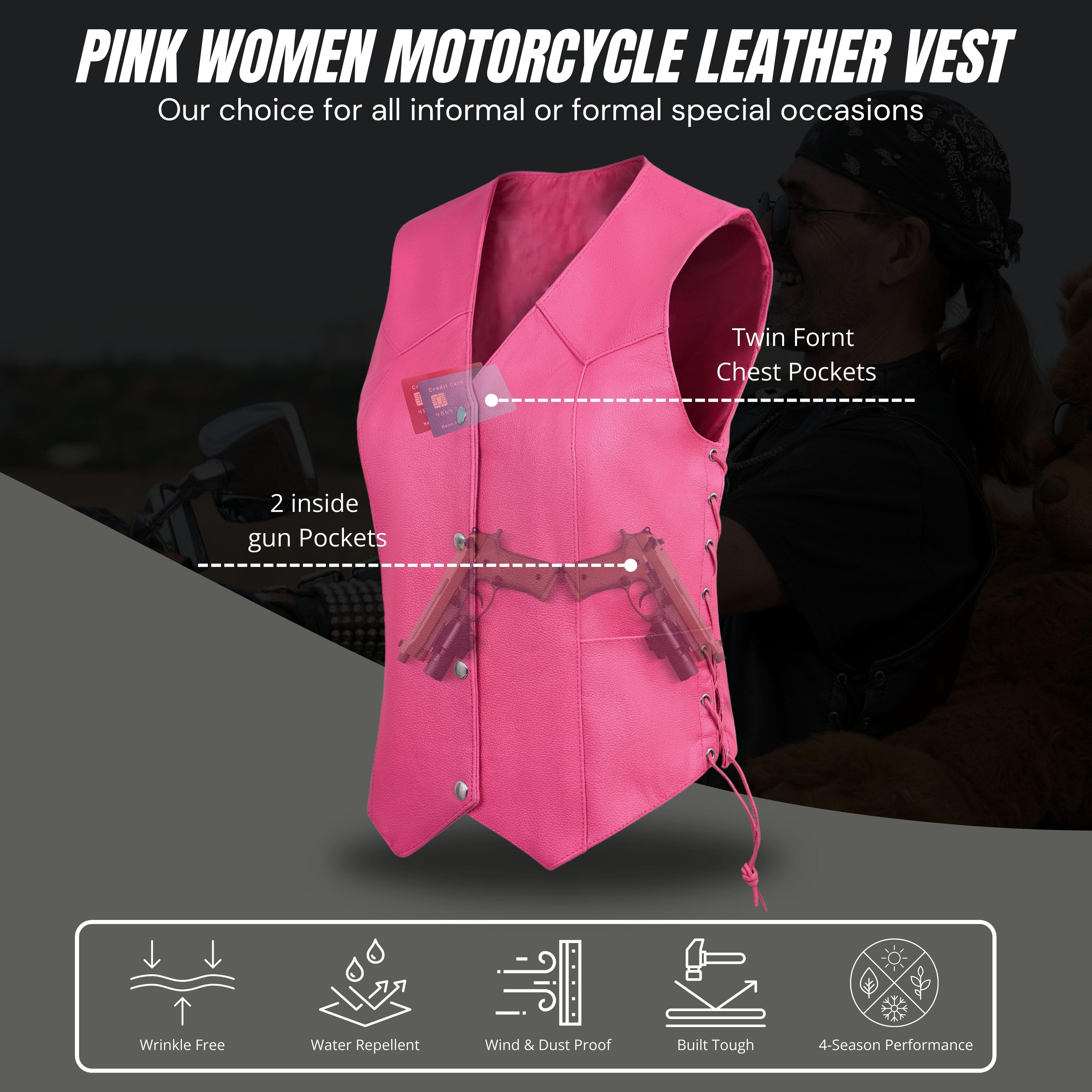 Women’s Pink Western Leather Vest with Side Lacing – Handmade by Rexons | All Colors Available