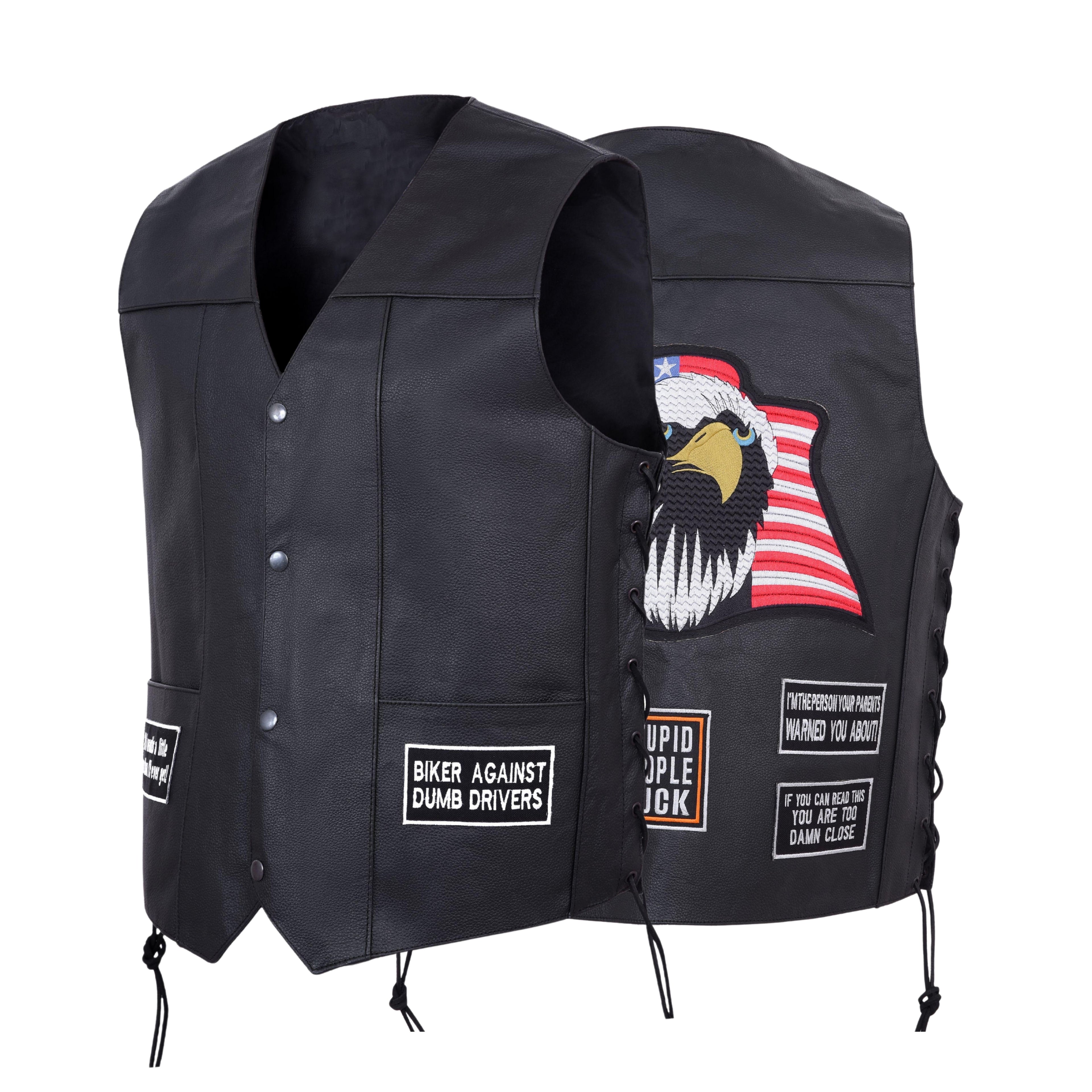 Men’s Motorcycle Leather Vest – USA Flag & American Eagle Design – Premium Biker Club Cut with Concealed Gun Pocket