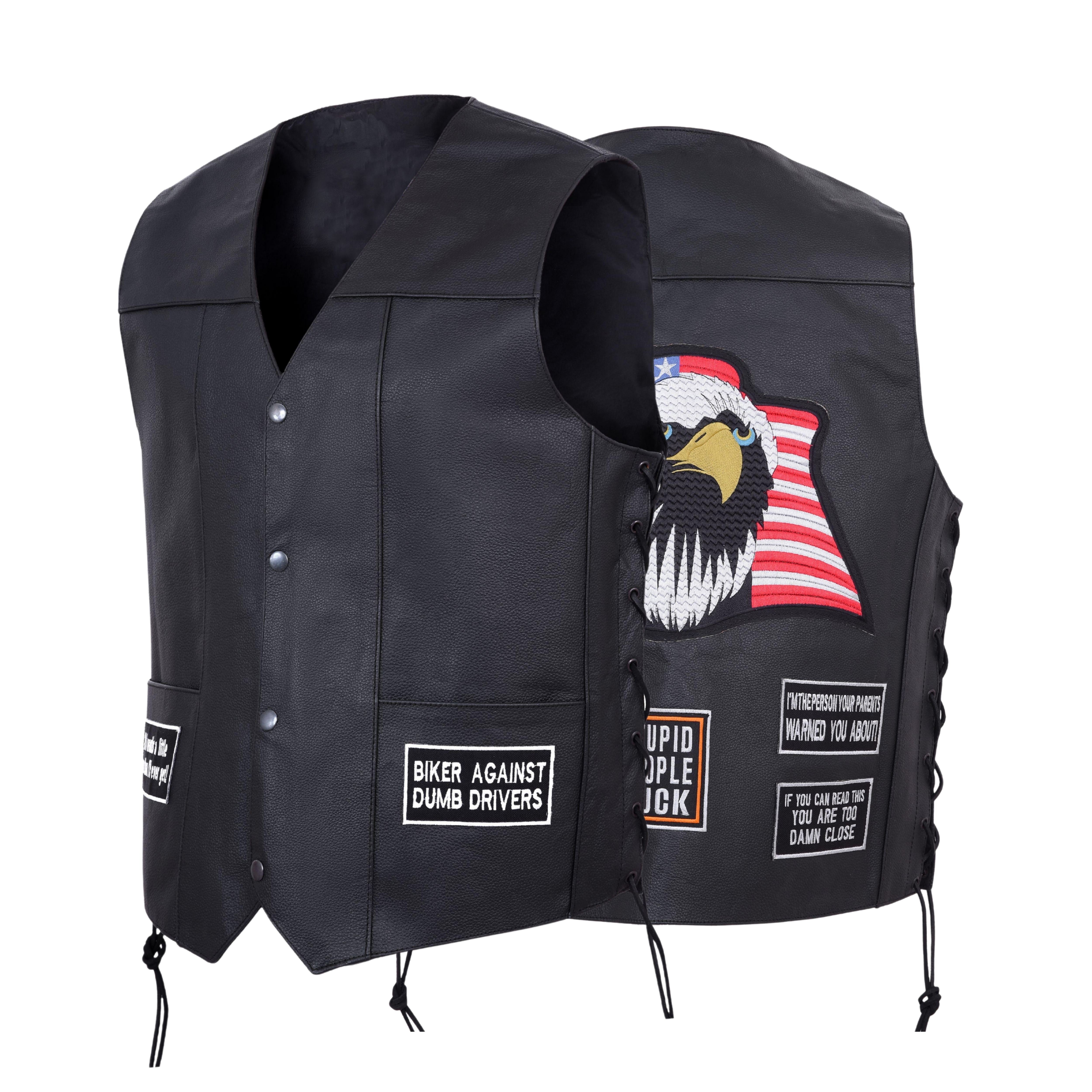 Men’s Motorcycle Leather Vest – USA Flag & American Eagle Design – Premium Biker Club Cut with Concealed Gun Pocket