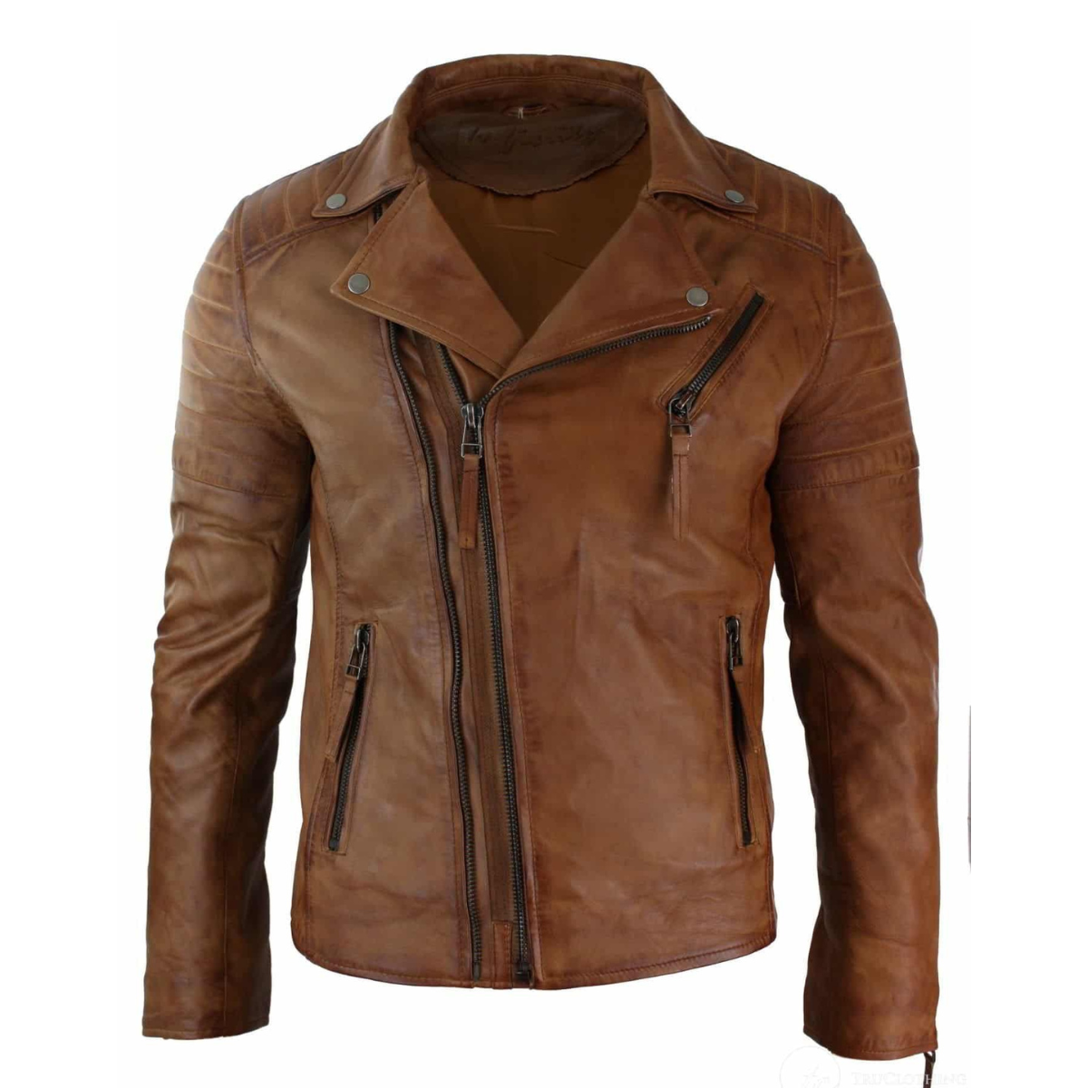 Real Leather Slim Fit Cross Zip Men’s Retro Vintage Jacket