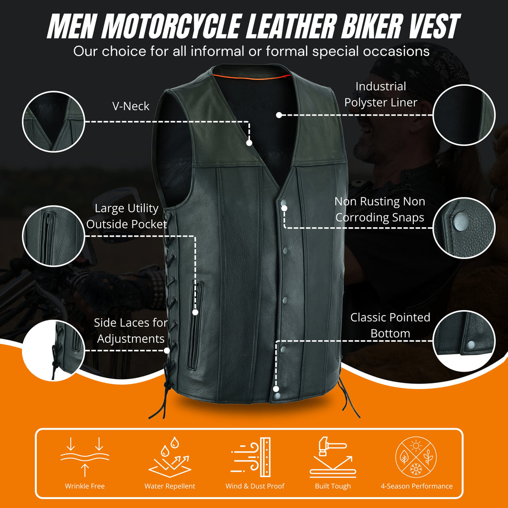 Men's Side-Laced Leather Motorcycle Vest – Classic Biker Kutte Style for Club, Chopper, and Cruiser Riders