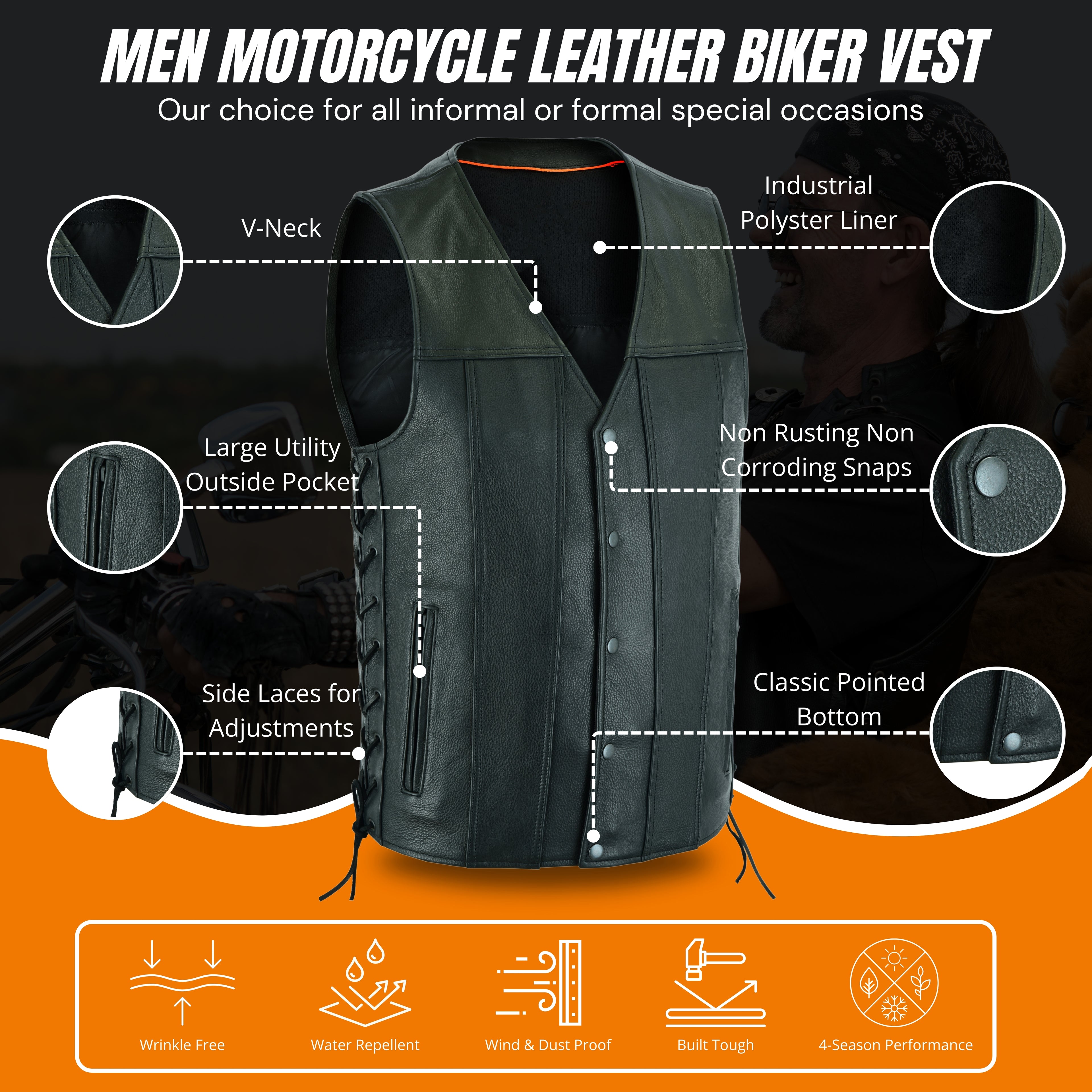 Men's Side-Laced Leather Motorcycle Vest – Classic Biker Kutte Style for Club, Chopper, and Cruiser Riders
