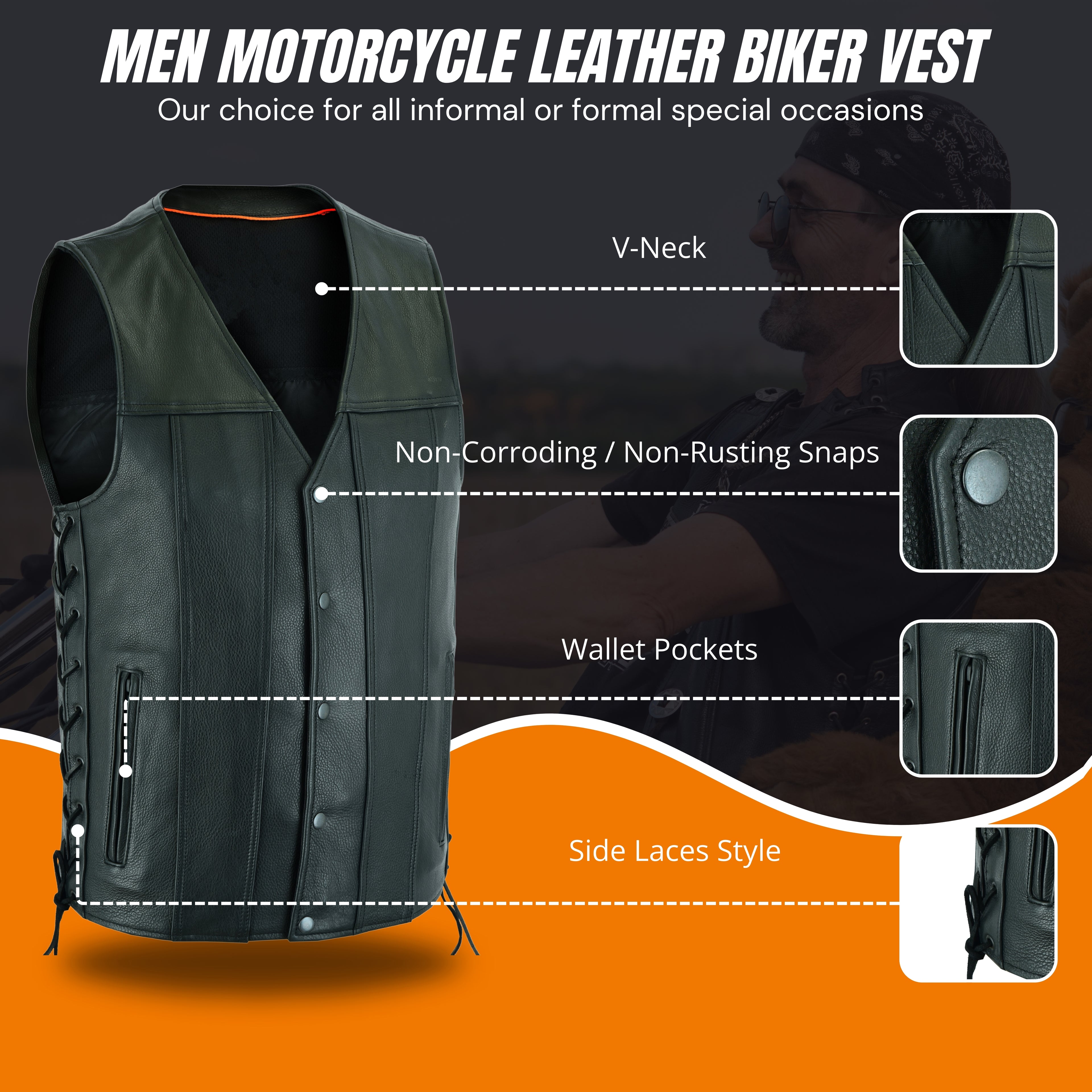 Men's Side-Laced Leather Motorcycle Vest – Classic Biker Kutte Style for Club, Chopper, and Cruiser Riders
