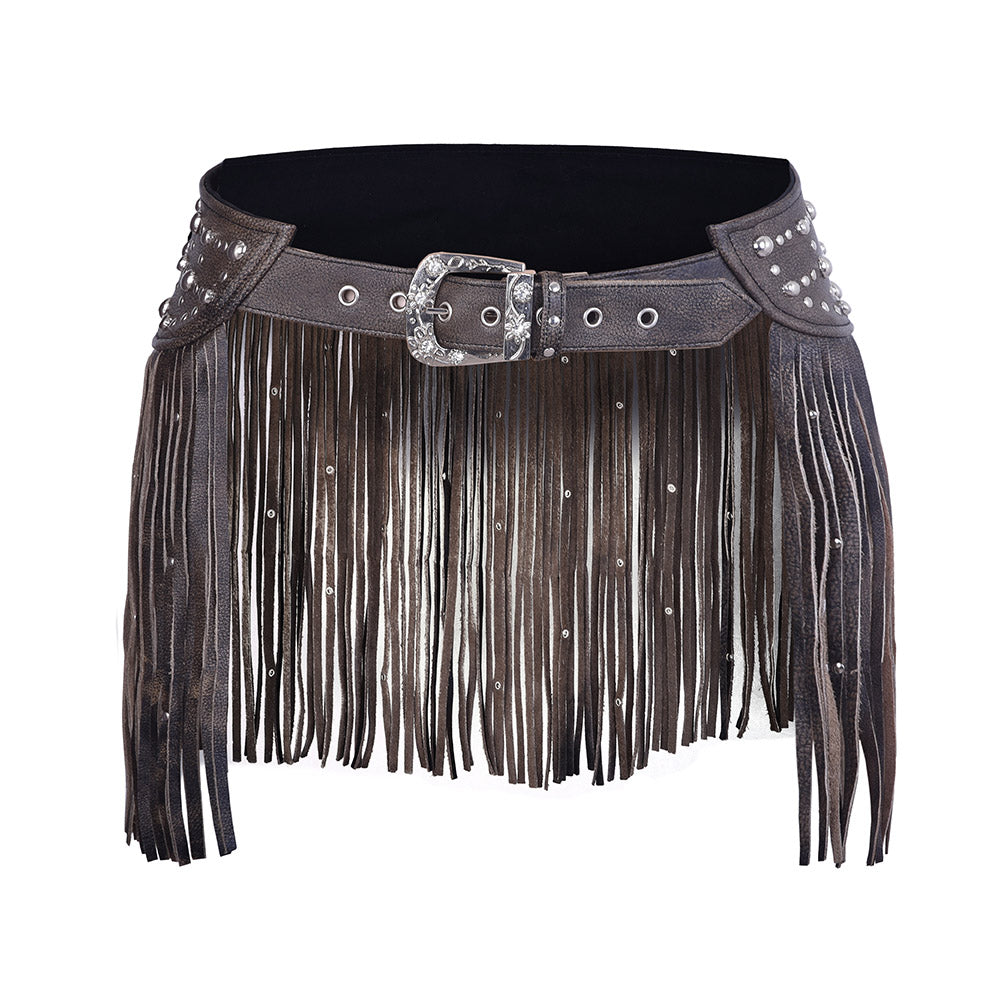 Distressed Brown Tassel Leather Hip Belt – Boho Fringe Festival Waist Belt by Rexons