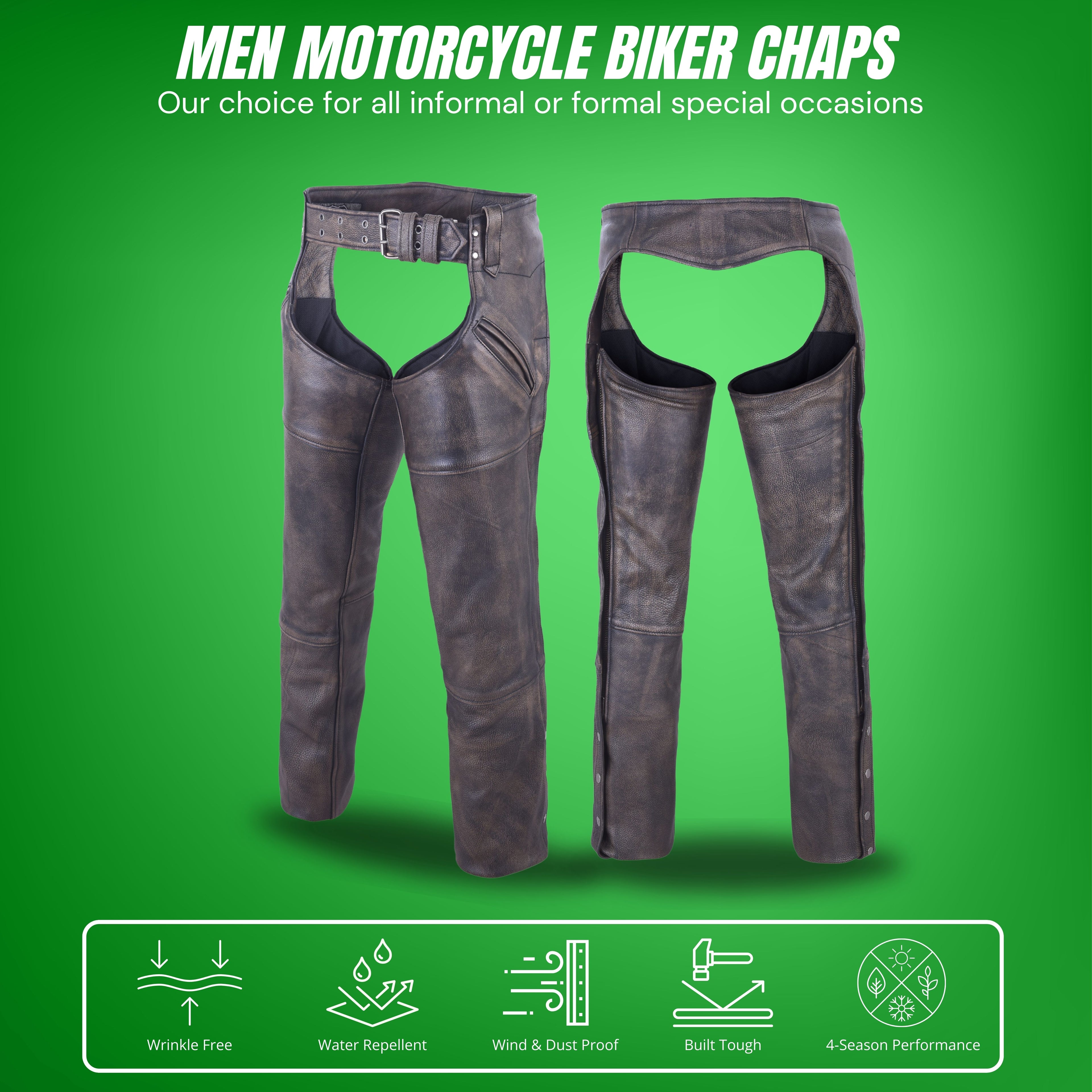 Men’s Brown Leather Motorcycle Chaps – Heavy-Duty Premium Cowhide for Biker Protection