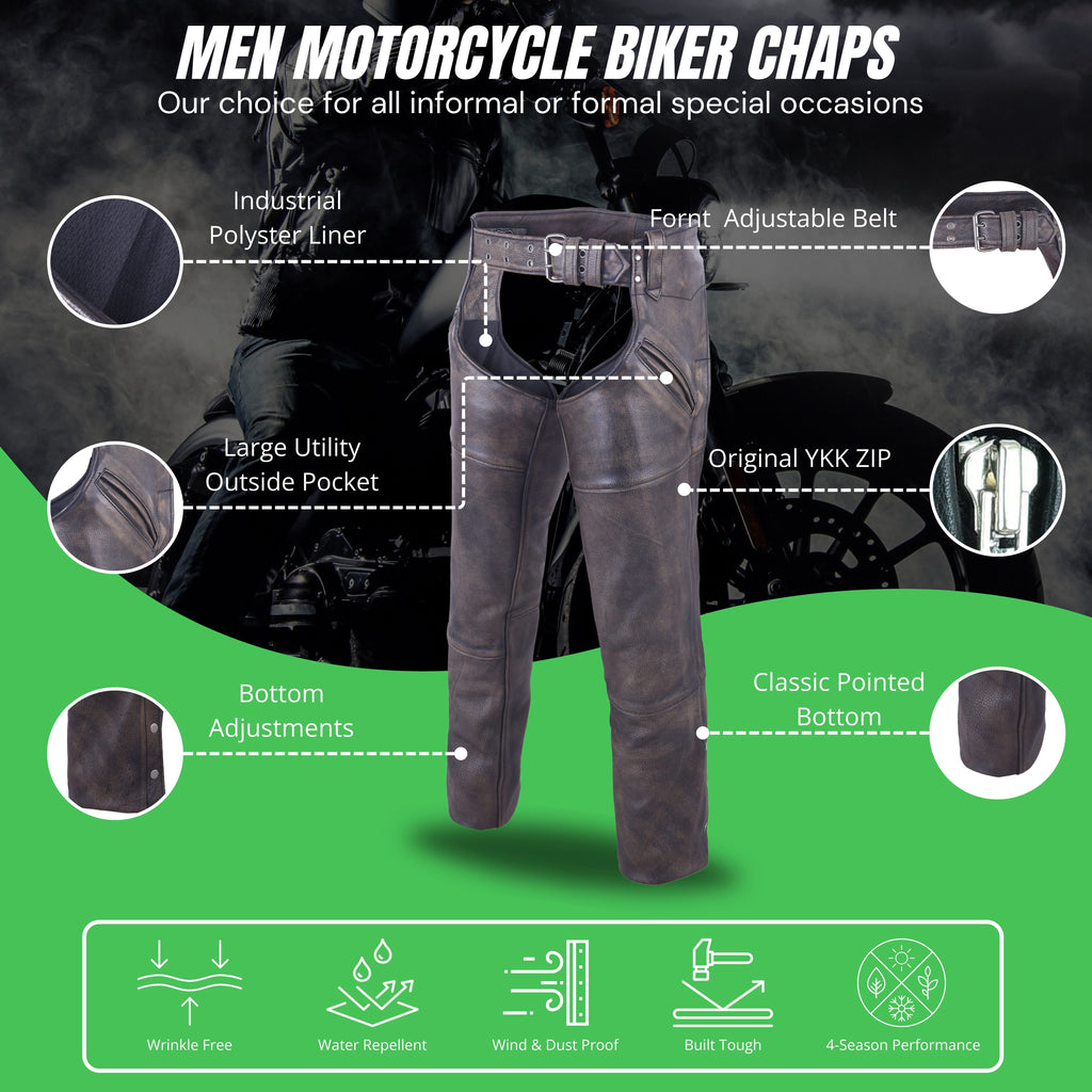 Men’s Brown Leather Motorcycle Chaps – Heavy-Duty Premium Cowhide for Biker Protection