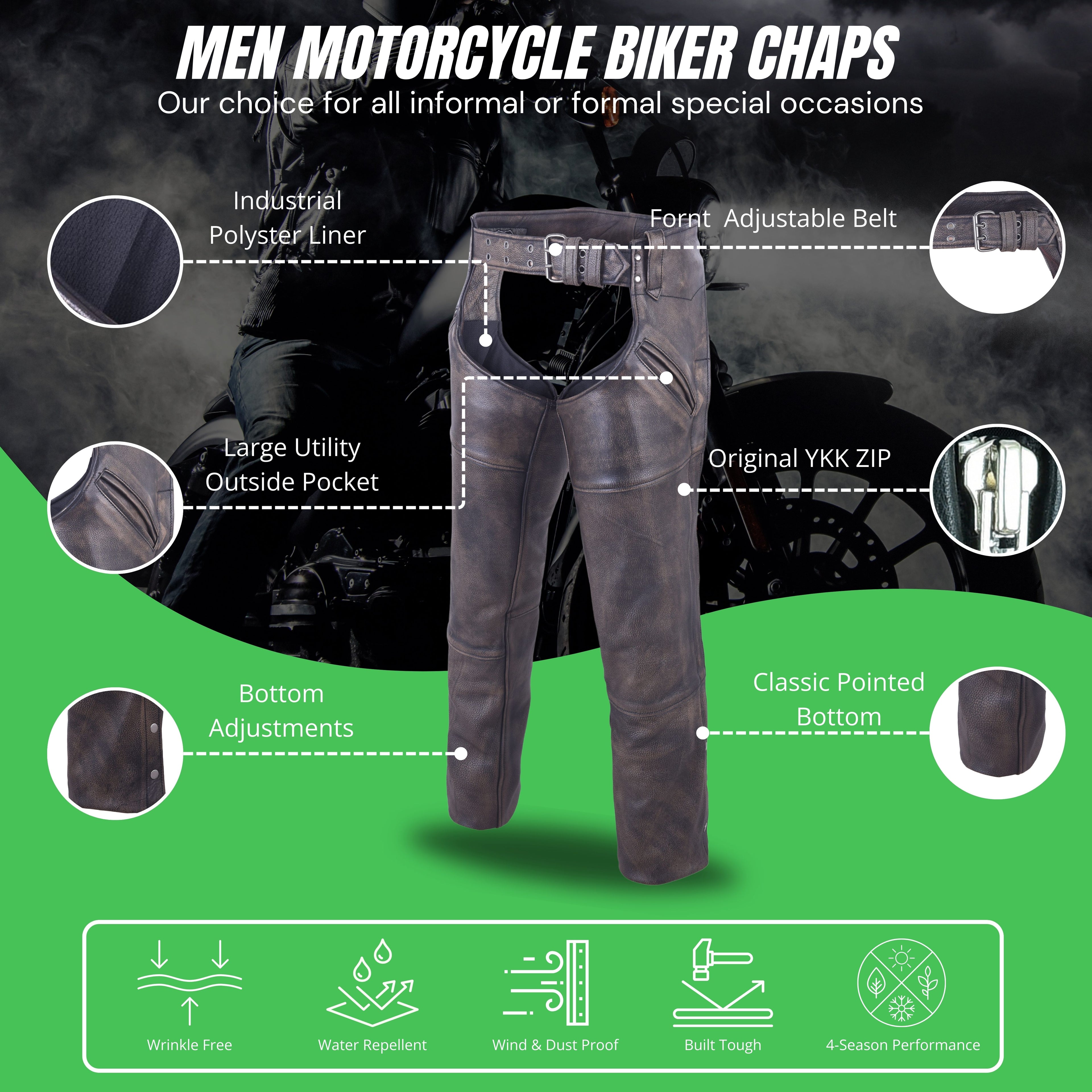 Men’s Brown Leather Motorcycle Chaps – Heavy-Duty Premium Cowhide for Biker Protection
