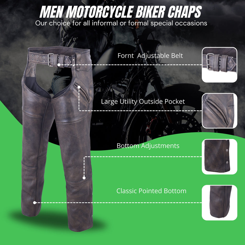 Men’s Brown Leather Motorcycle Chaps – Heavy-Duty Premium Cowhide for Biker Protection
