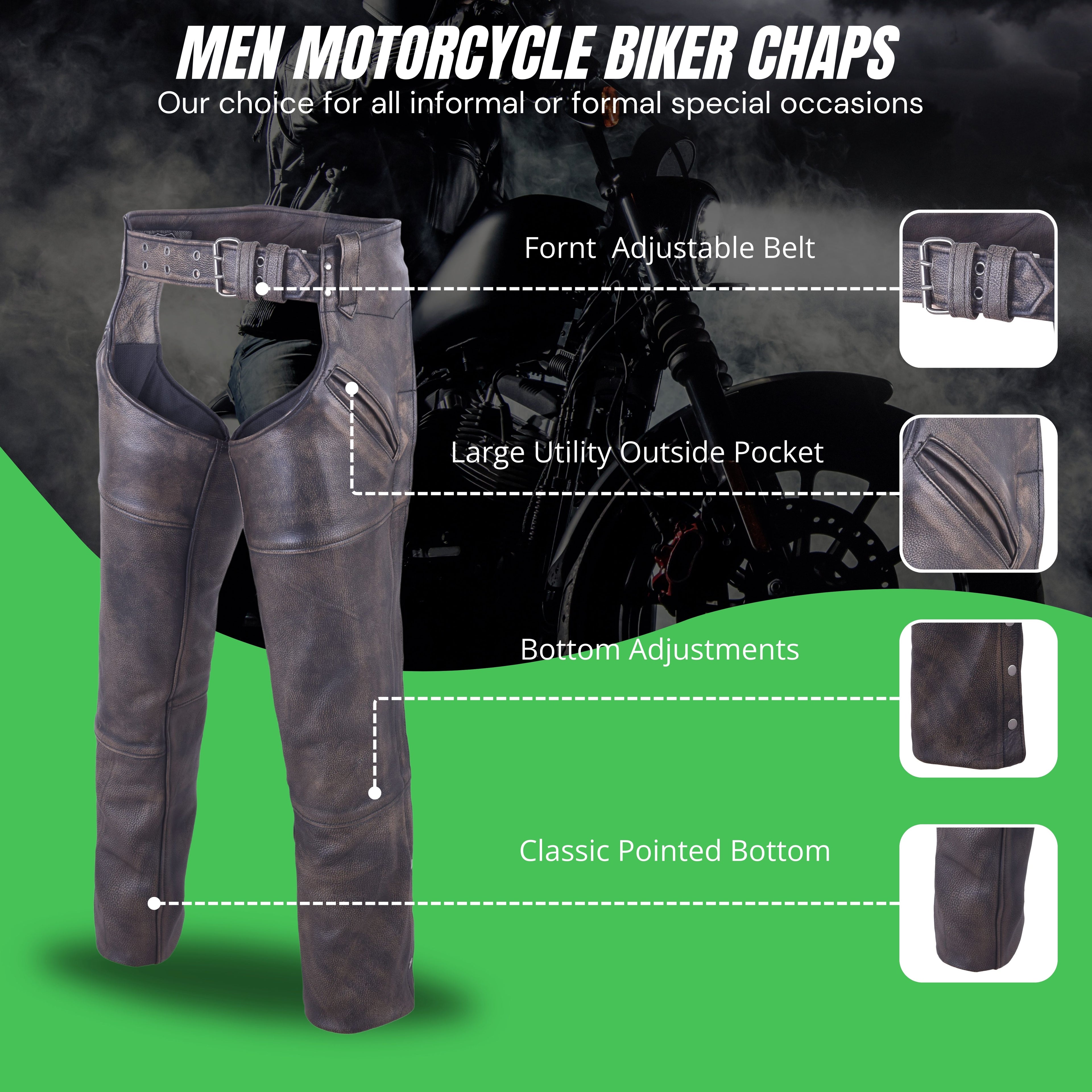 Men’s Brown Leather Motorcycle Chaps – Heavy-Duty Premium Cowhide for Biker Protection