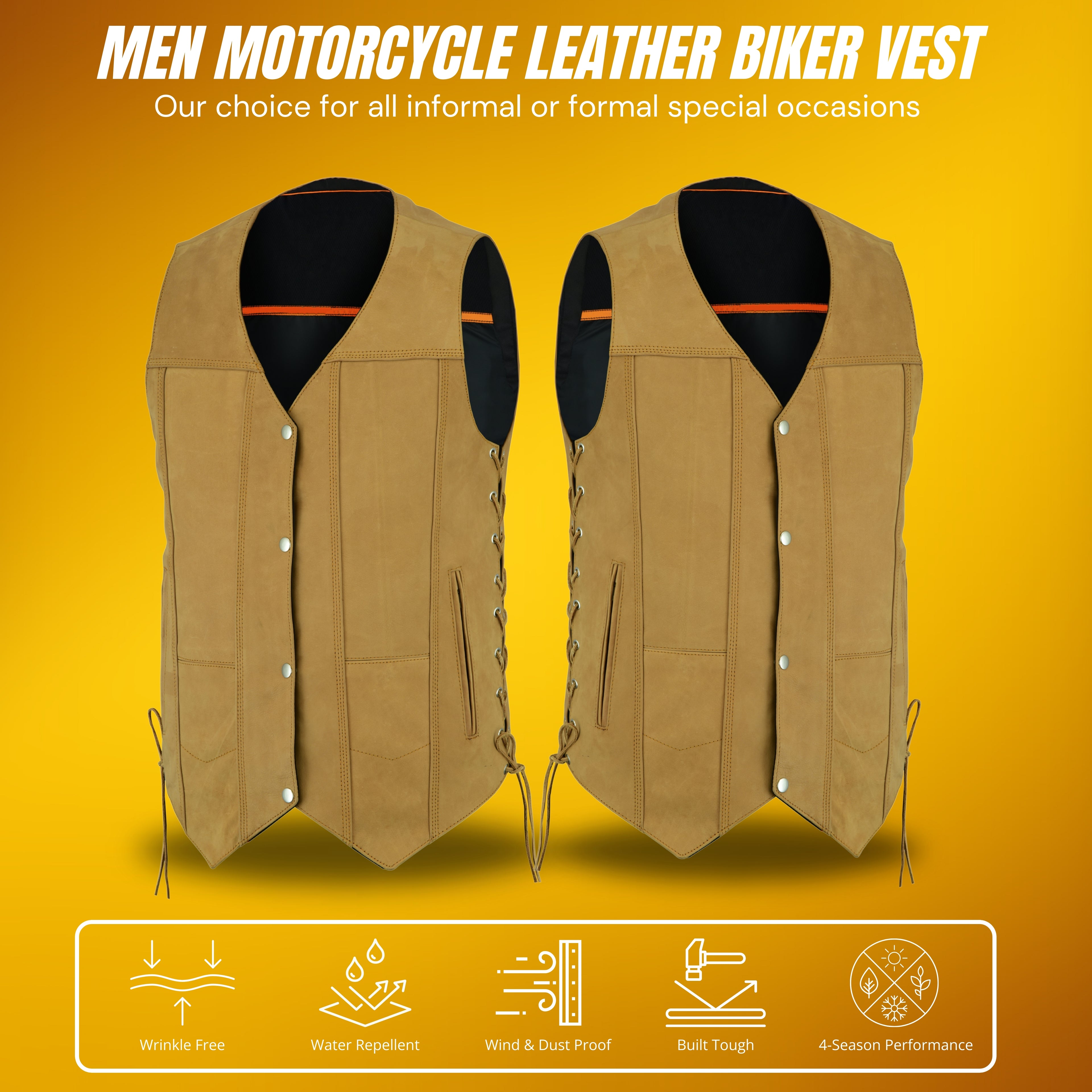 Men's Sahara Brown Distressed Motorcycle Leather Vest – Tan Biker Vest with Side Laces, Concealed Carry Gun Pockets, and Club Patch Back