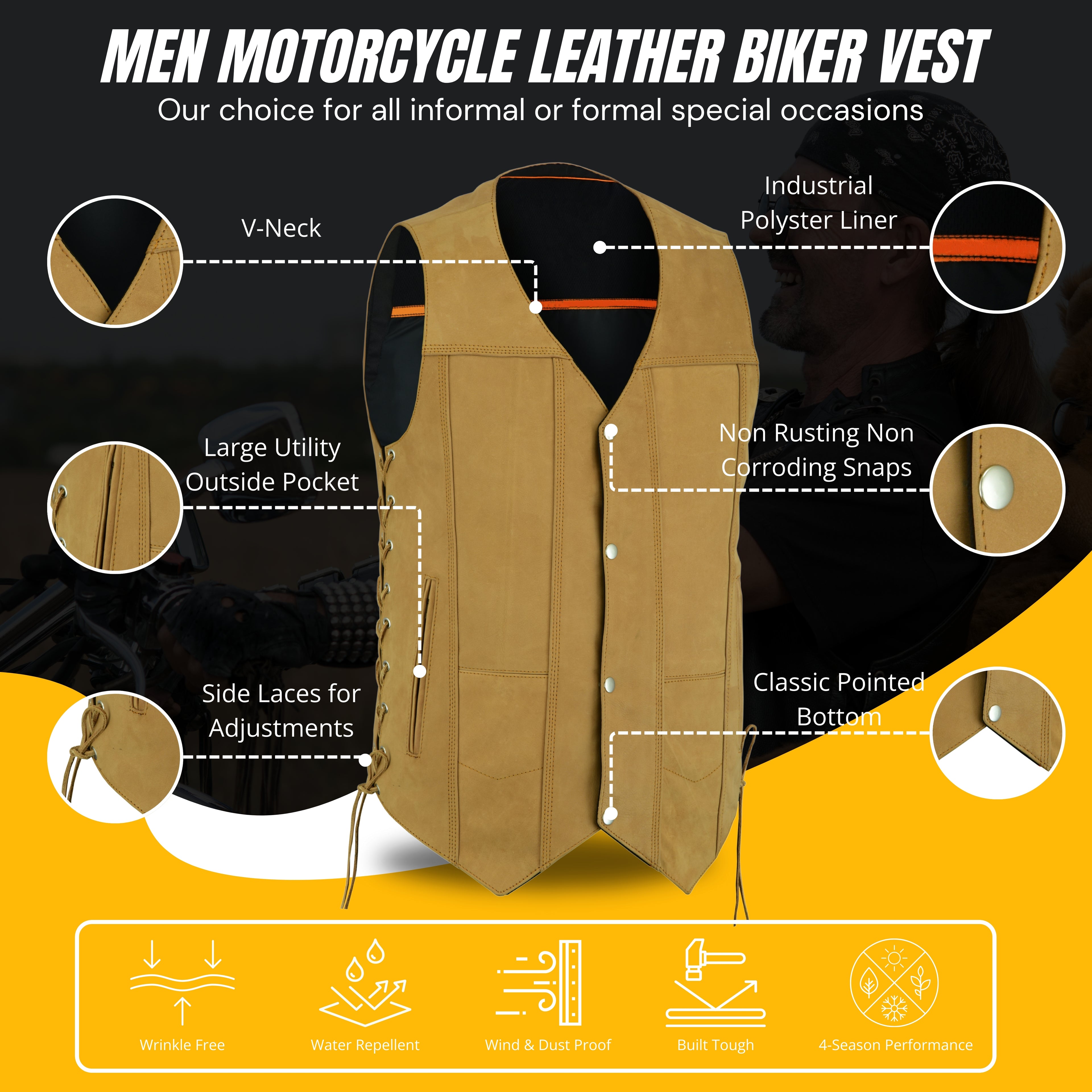 Men's Sahara Brown Distressed Motorcycle Leather Vest – Tan Biker Vest with Side Laces, Concealed Carry Gun Pockets, and Club Patch Back