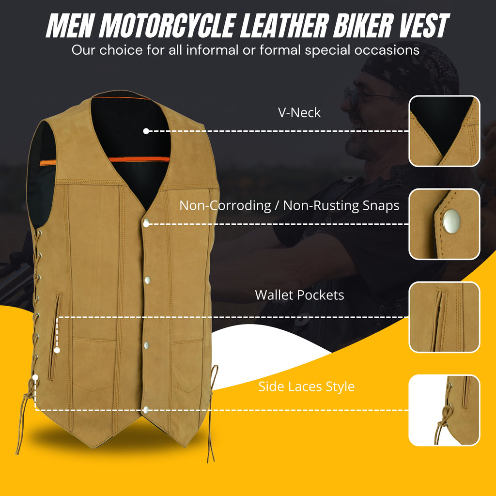 Men's Sahara Brown Distressed Motorcycle Leather Vest – Tan Biker Vest with Side Laces, Concealed Carry Gun Pockets, and Club Patch Back