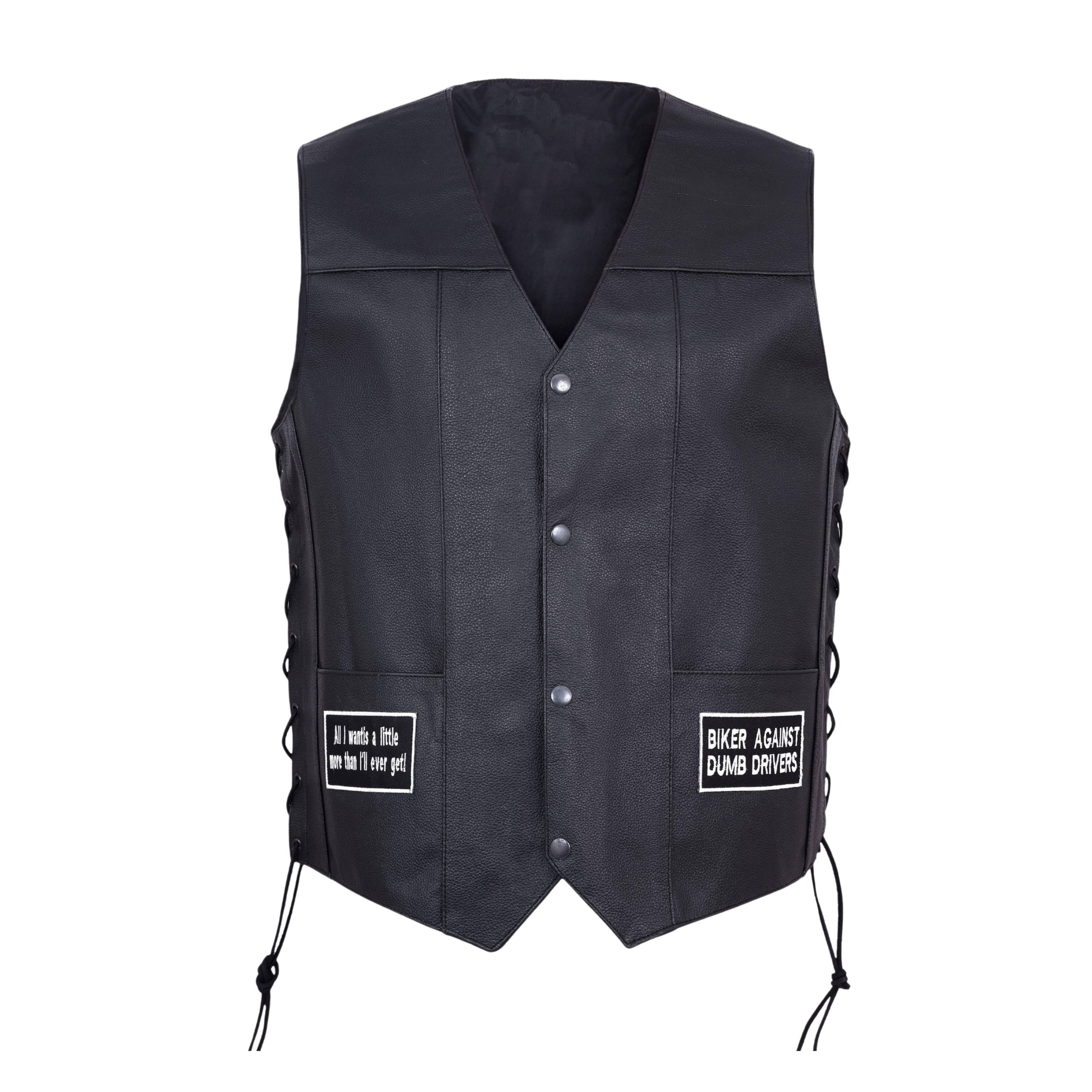 Men’s Motorcycle Leather Vest – USA Flag & American Eagle Design – Premium Biker Club Cut with Concealed Gun Pocket