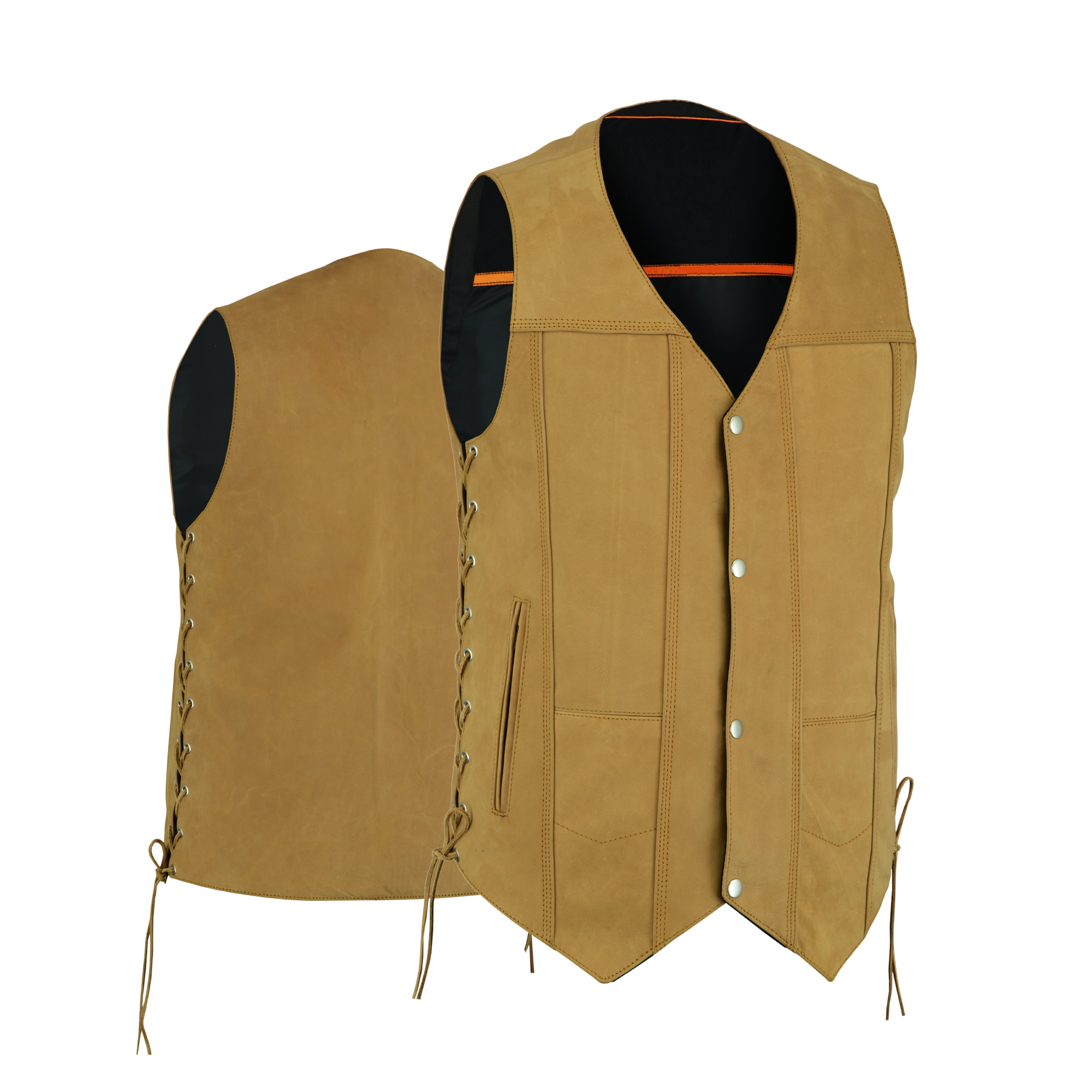 Men's Sahara Brown Distressed Motorcycle Leather Vest – Tan Biker Vest with Side Laces, Concealed Carry Gun Pockets, and Club Patch Back