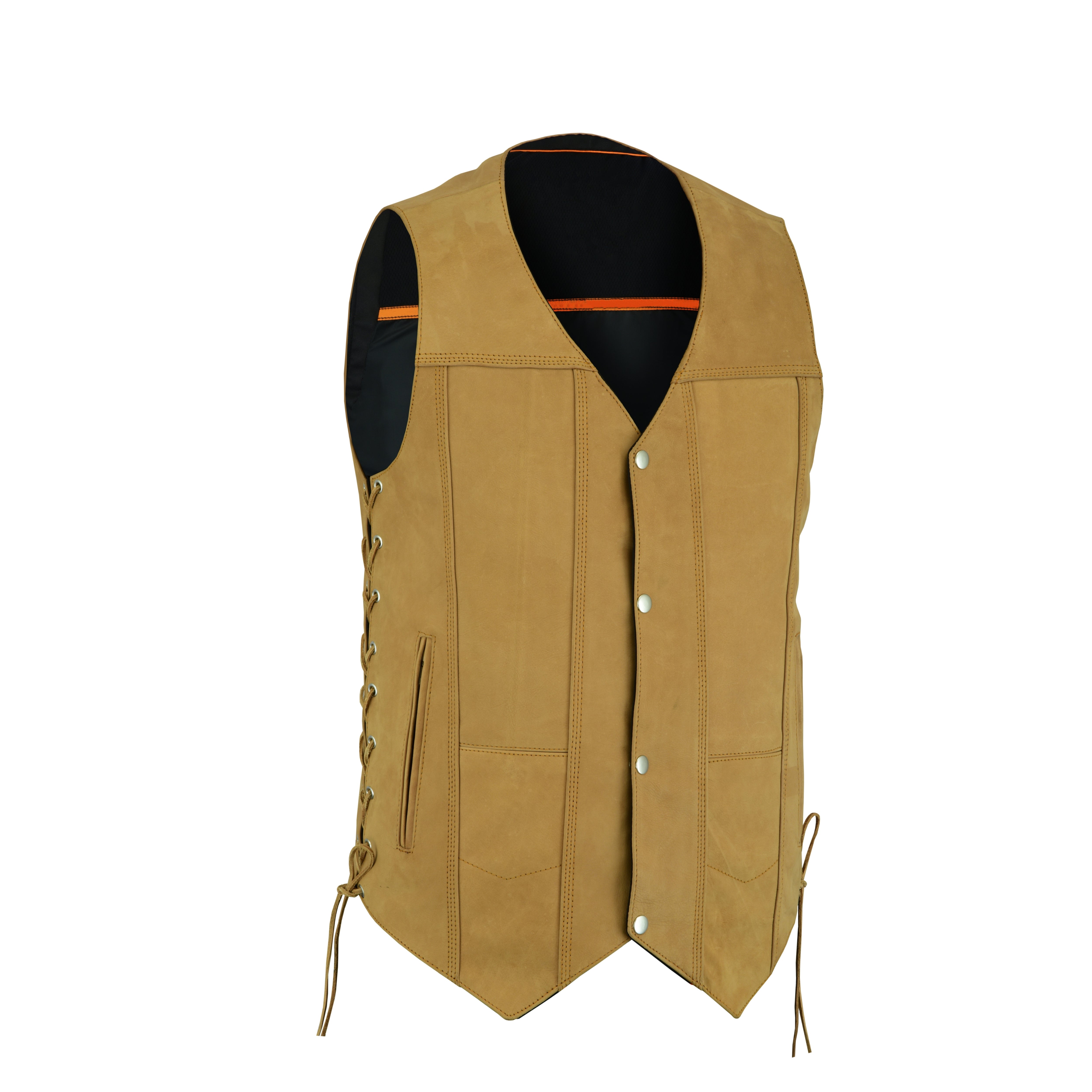 Men's Sahara Brown Distressed Motorcycle Leather Vest – Tan Biker Vest with Side Laces, Concealed Carry Gun Pockets, and Club Patch Back