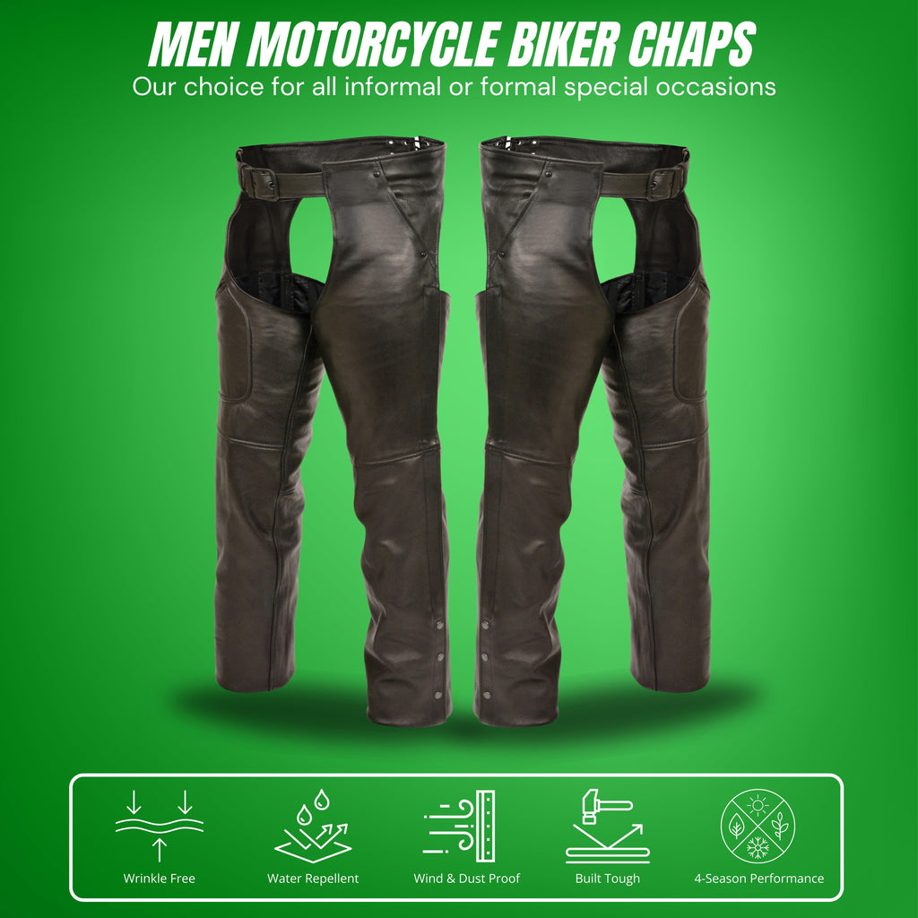 Men’s Black Motorcycle Chaps with Three Utility Pockets – Premium Leather Riding Gear
