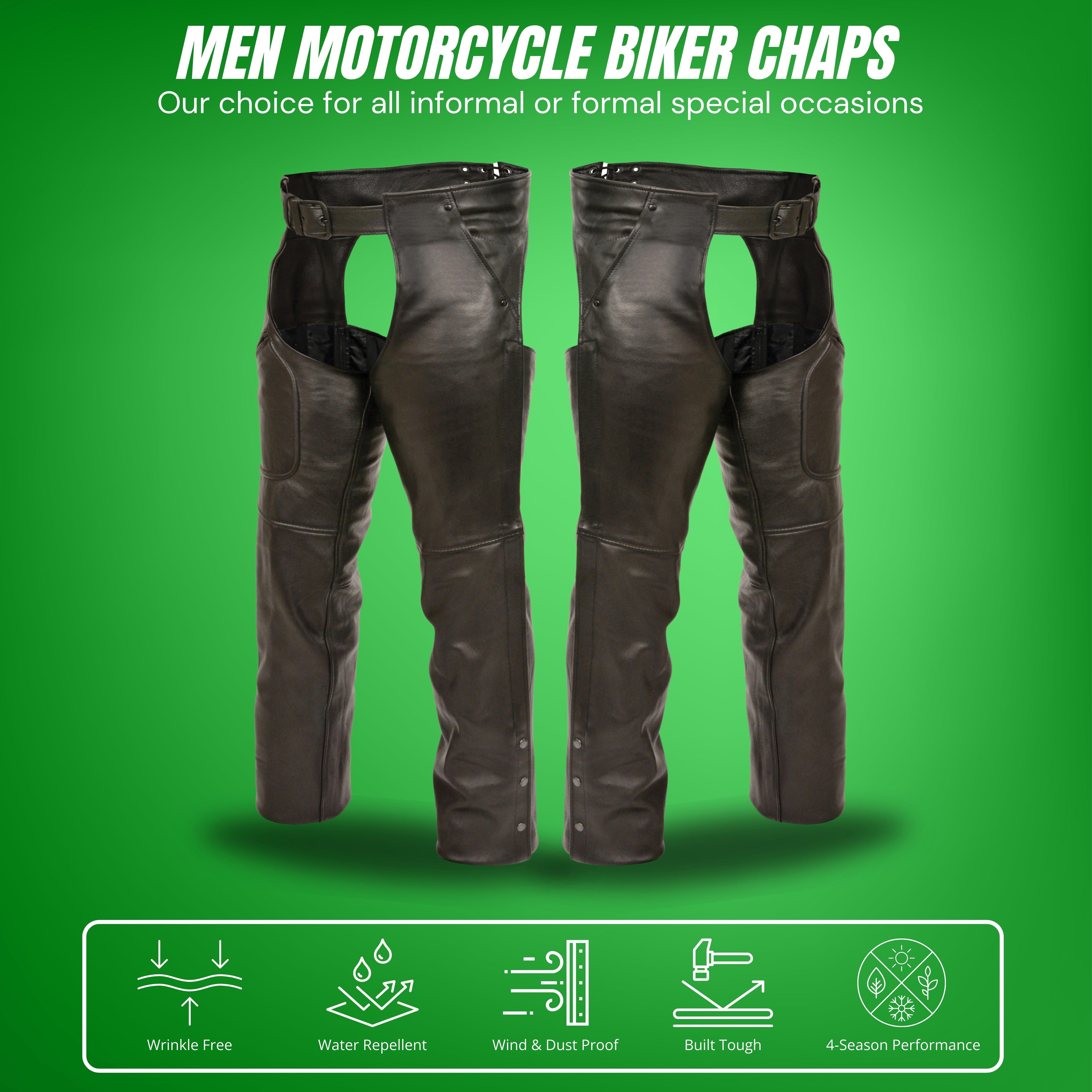 Men’s Black Motorcycle Chaps with Three Utility Pockets – Premium Leather Riding Gear