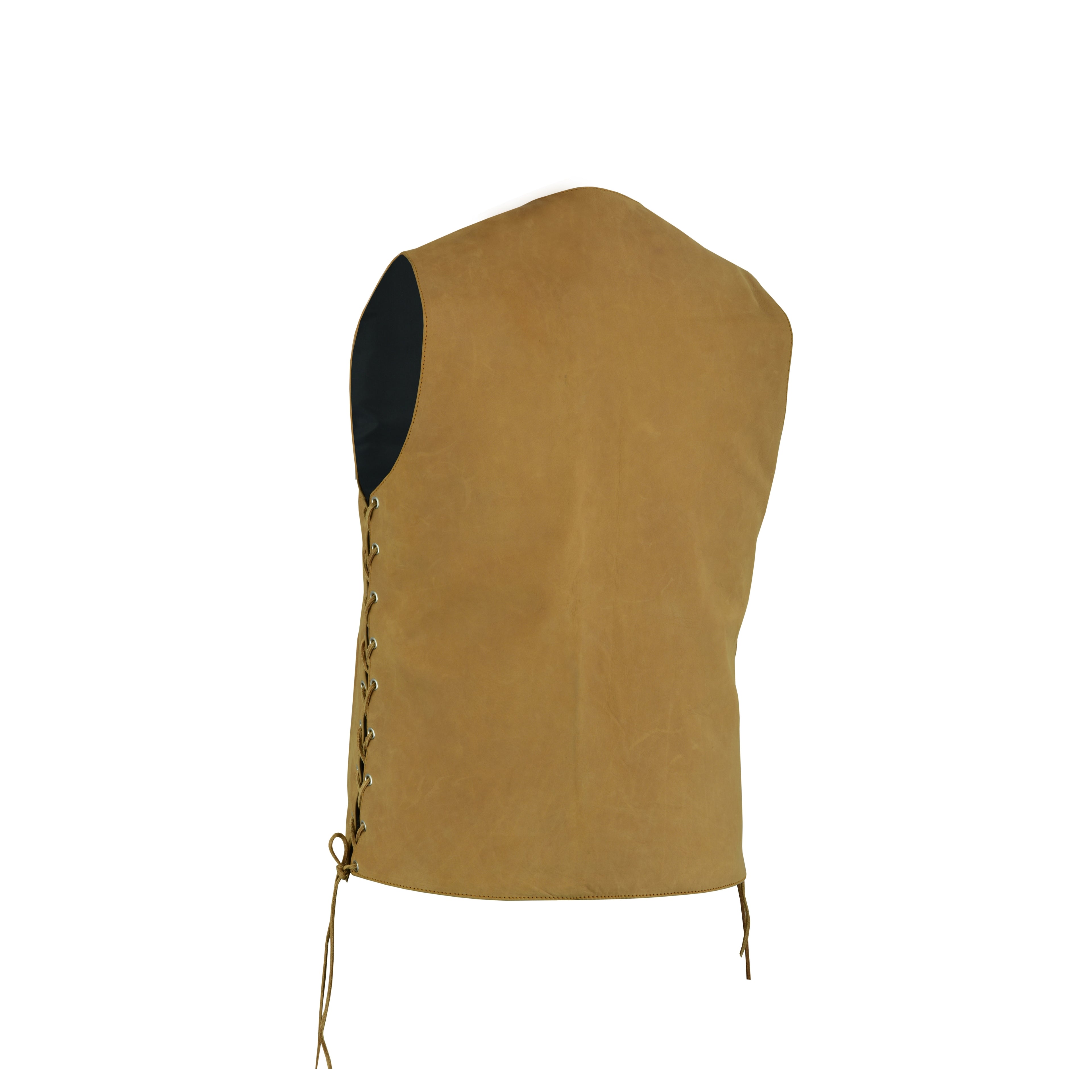 Men's Sahara Brown Distressed Motorcycle Leather Vest – Tan Biker Vest with Side Laces, Concealed Carry Gun Pockets, and Club Patch Back