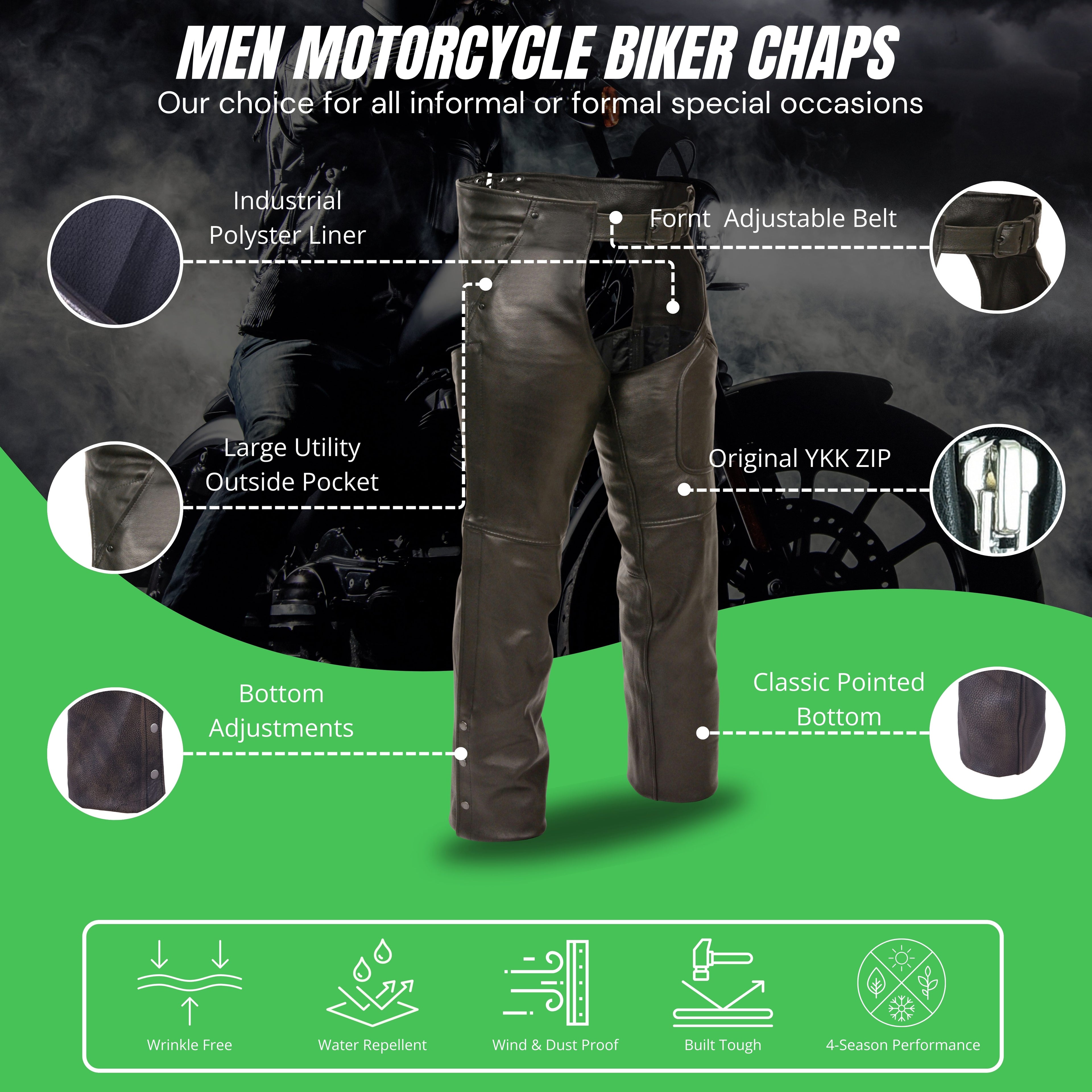 Men’s Black Motorcycle Chaps with Three Utility Pockets – Premium Leather Riding Gear