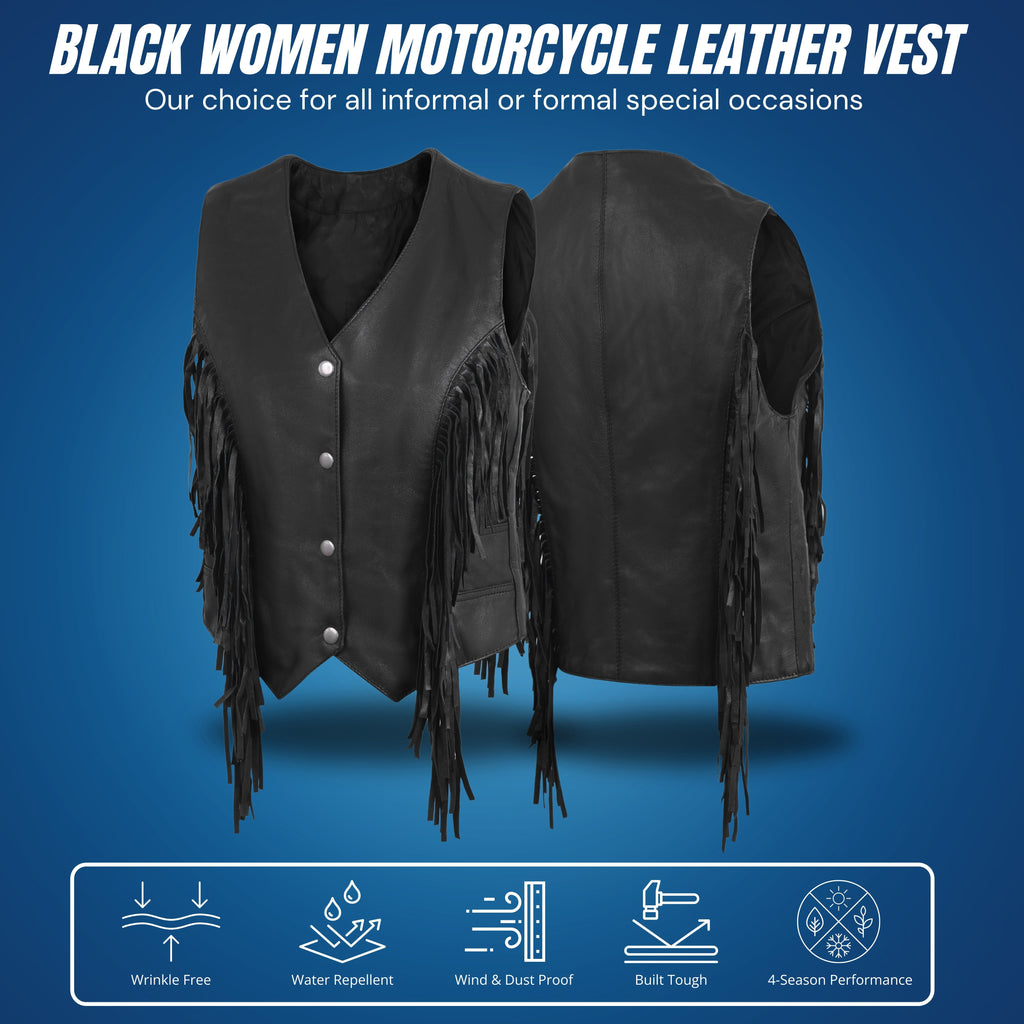 Women’s Side Lace Fringe Vest – Black M/O Buffalo Leather by Rexons