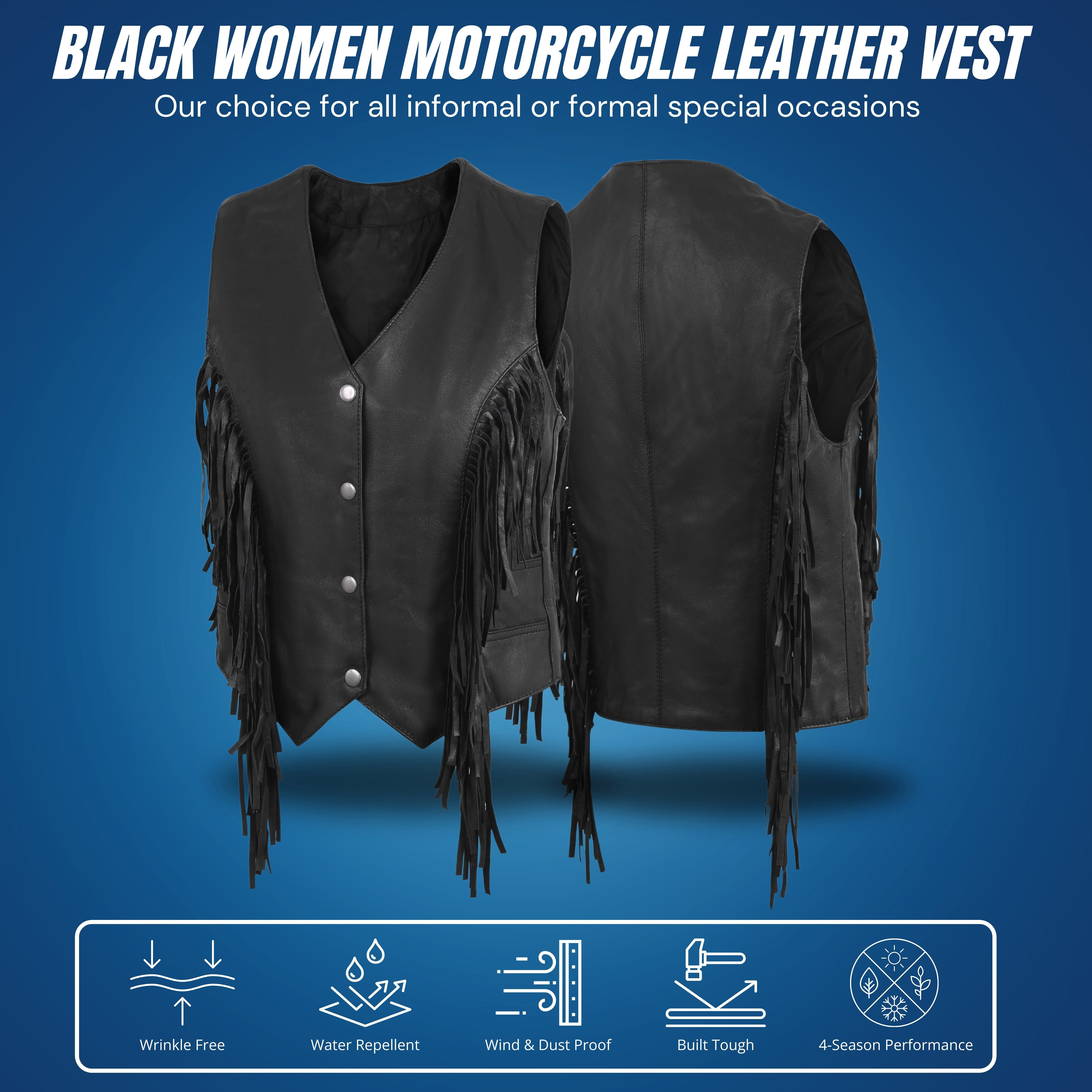 Women’s Side Lace Fringe Vest – Black M/O Buffalo Leather by Rexons