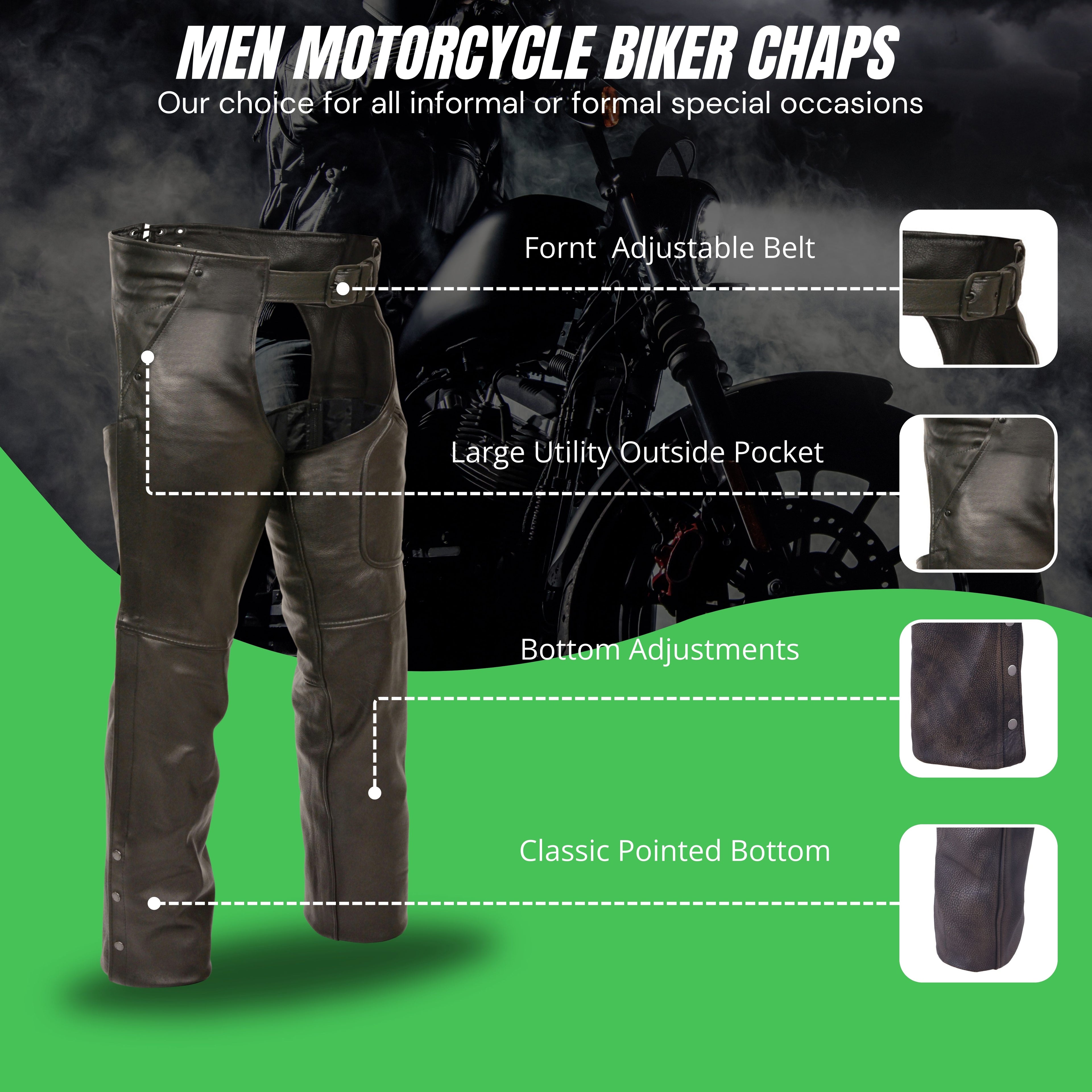Men’s Black Motorcycle Chaps with Three Utility Pockets – Premium Leather Riding Gear