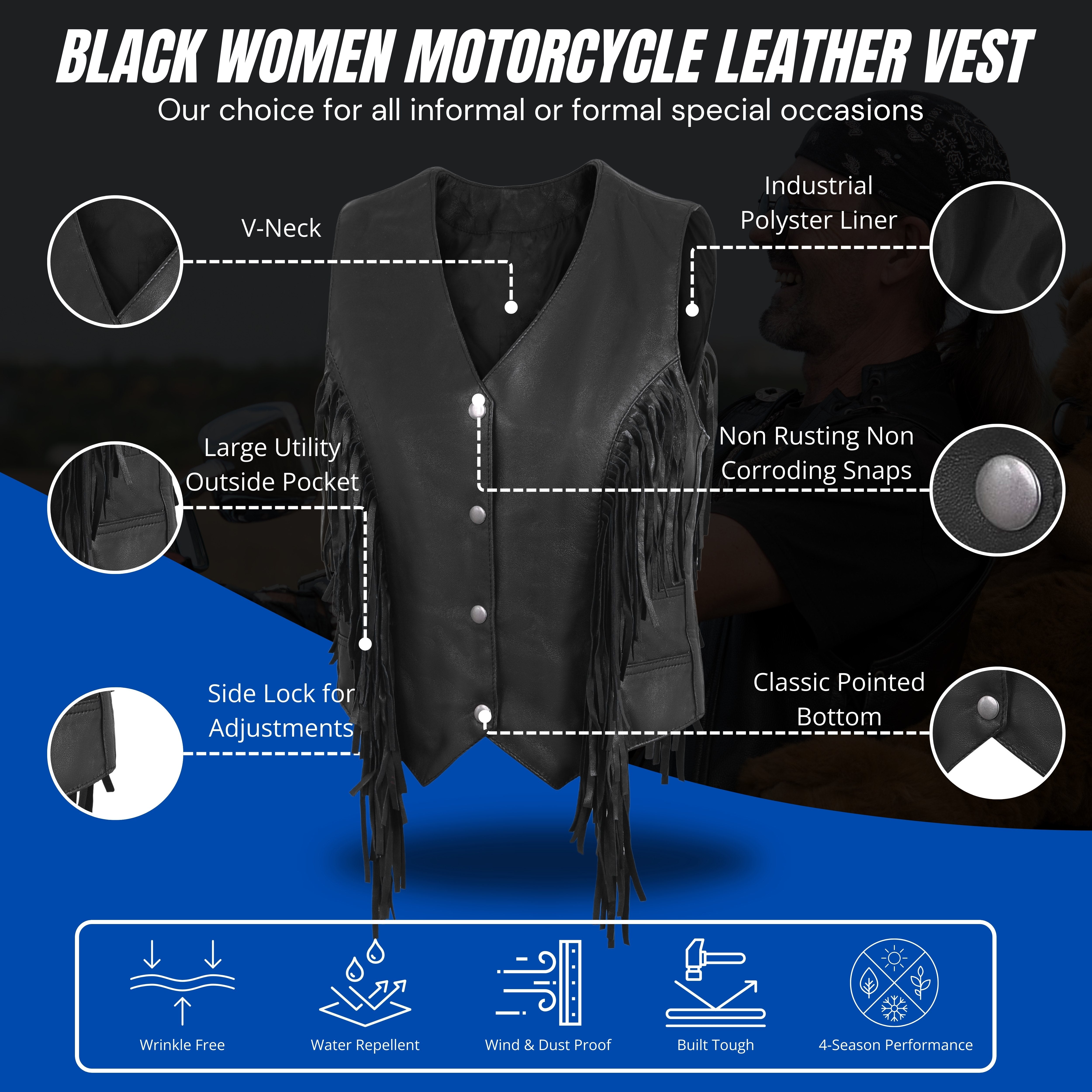 Women’s Side Lace Fringe Vest – Black M/O Buffalo Leather by Rexons