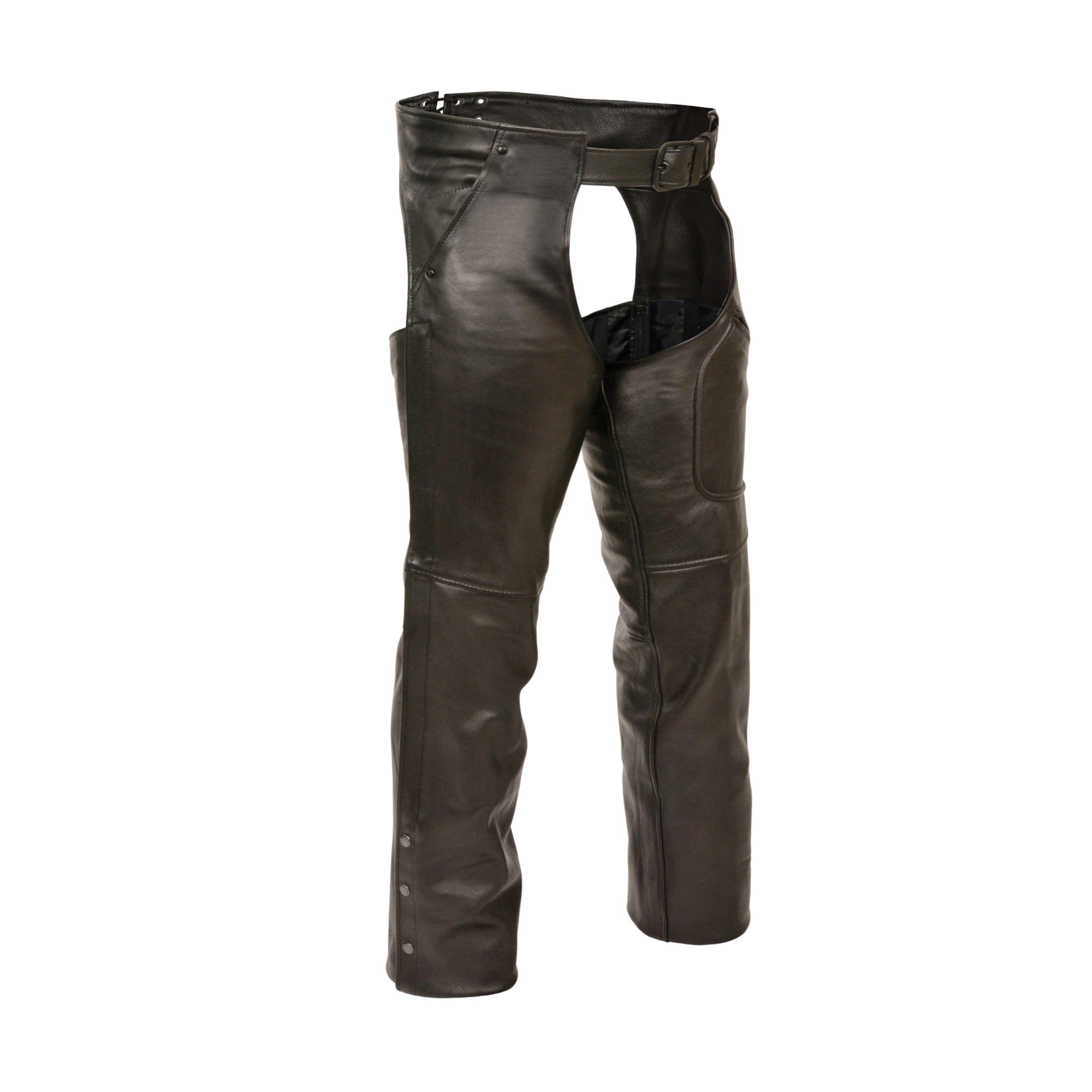 Men’s Black Motorcycle Chaps with Three Utility Pockets – Premium Leather Riding Gear