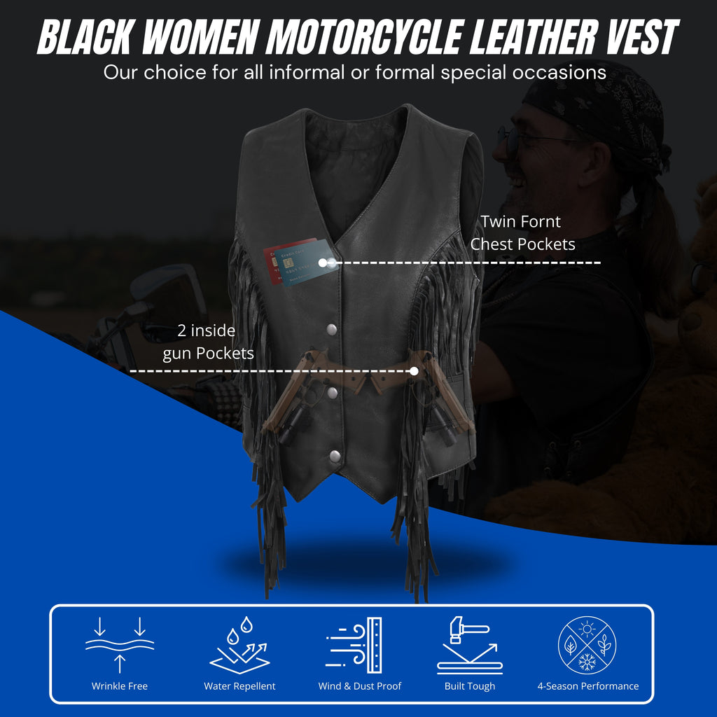 Women’s Side Lace Fringe Vest – Black M/O Buffalo Leather by Rexons