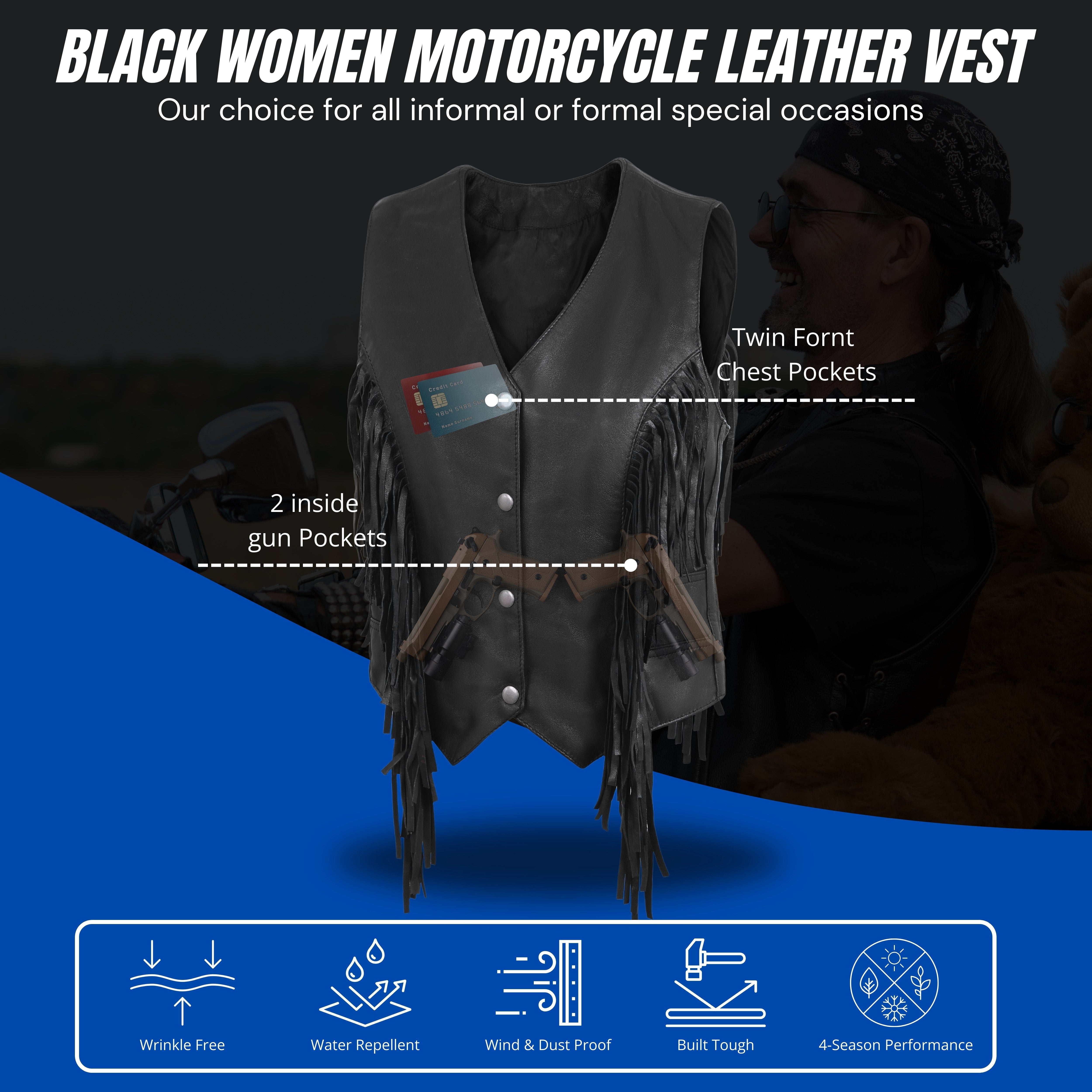 Women’s Side Lace Fringe Vest – Black M/O Buffalo Leather by Rexons
