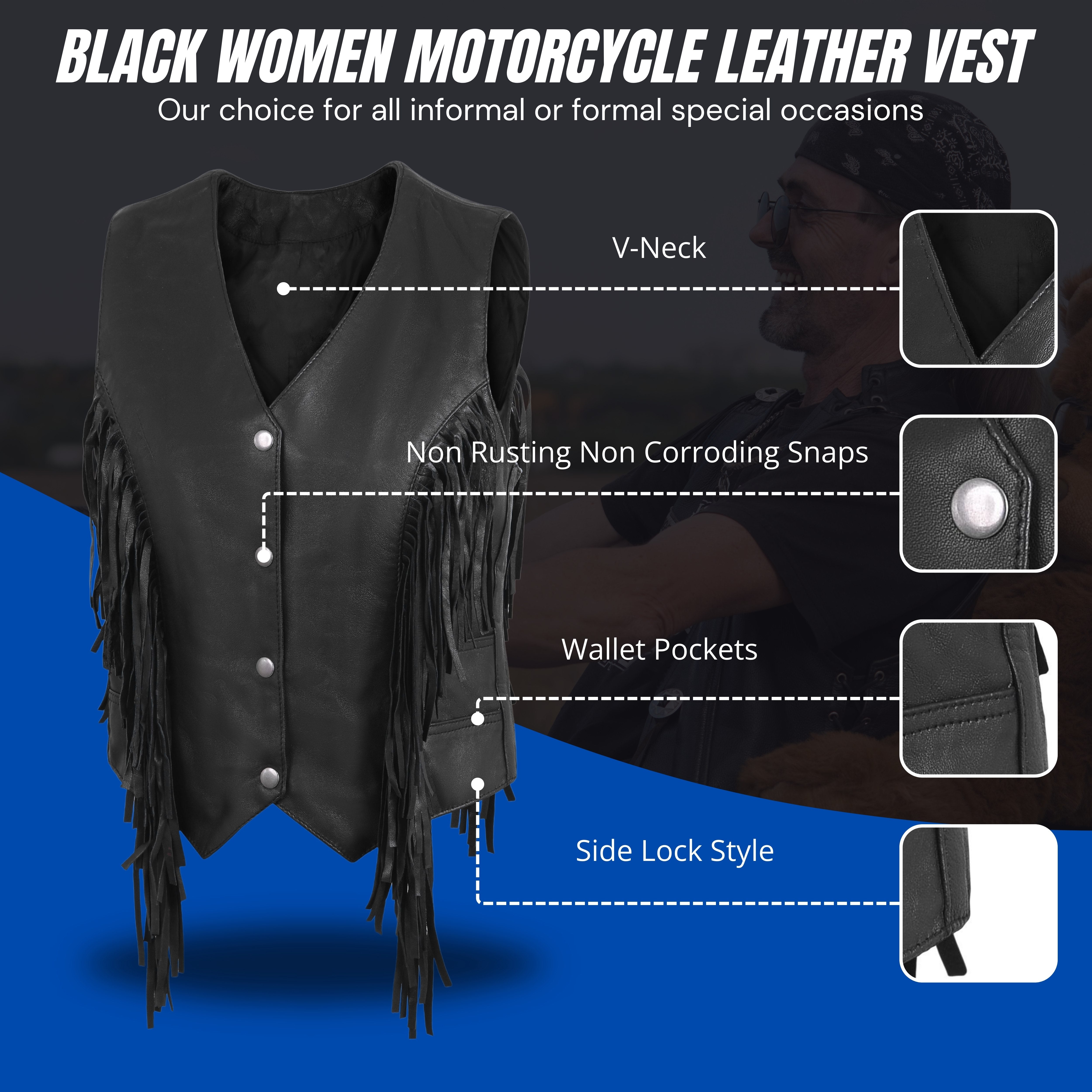 Women’s Side Lace Fringe Vest – Black M/O Buffalo Leather by Rexons