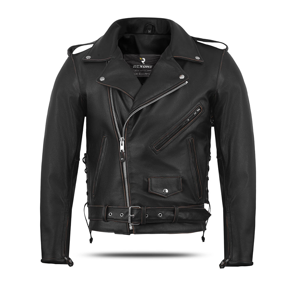 Old School Police Style Motorcycle Leather Jacket – Rub Buff Finish, Classic Law Enforcement Look