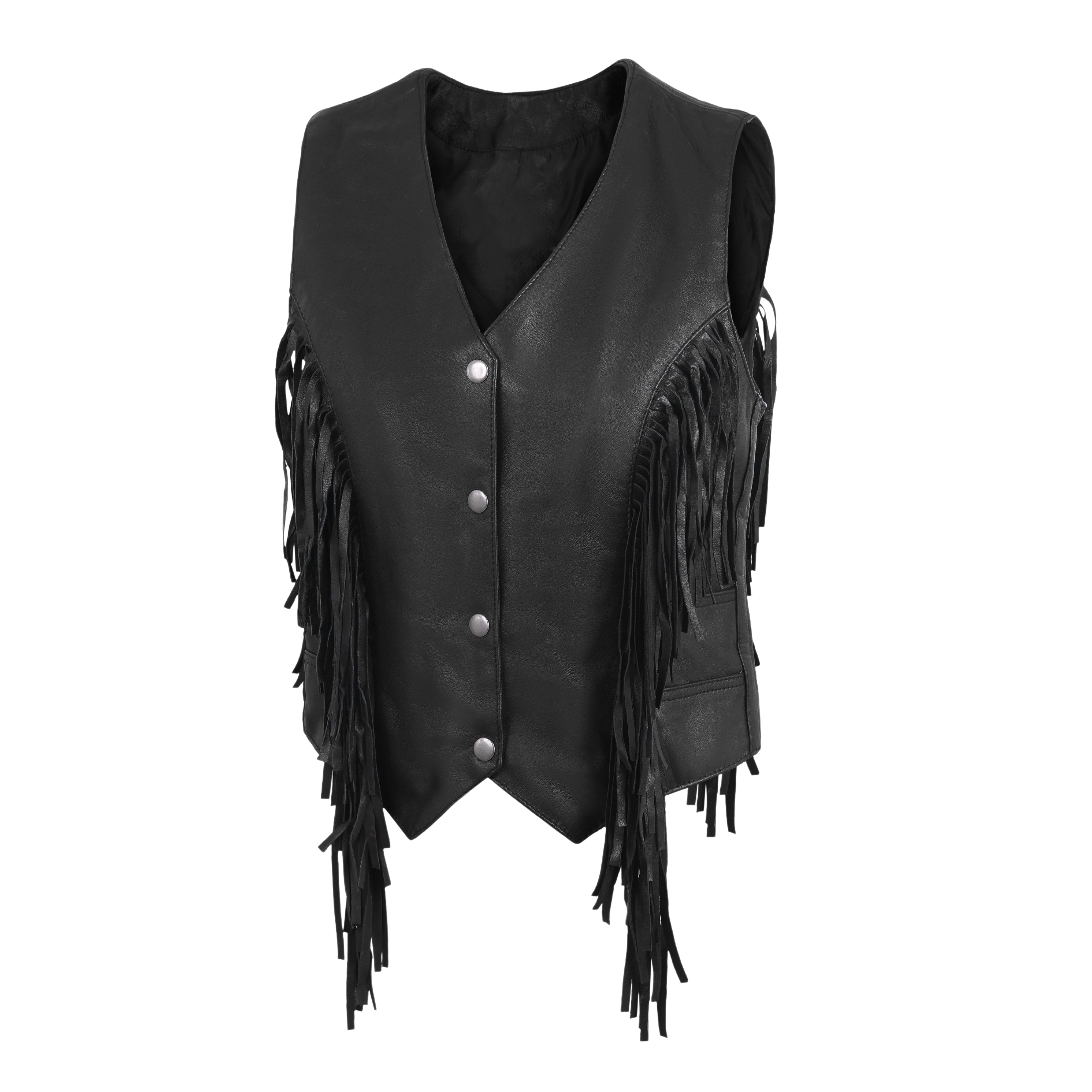 Women’s Side Lace Fringe Vest – Black M/O Buffalo Leather by Rexons