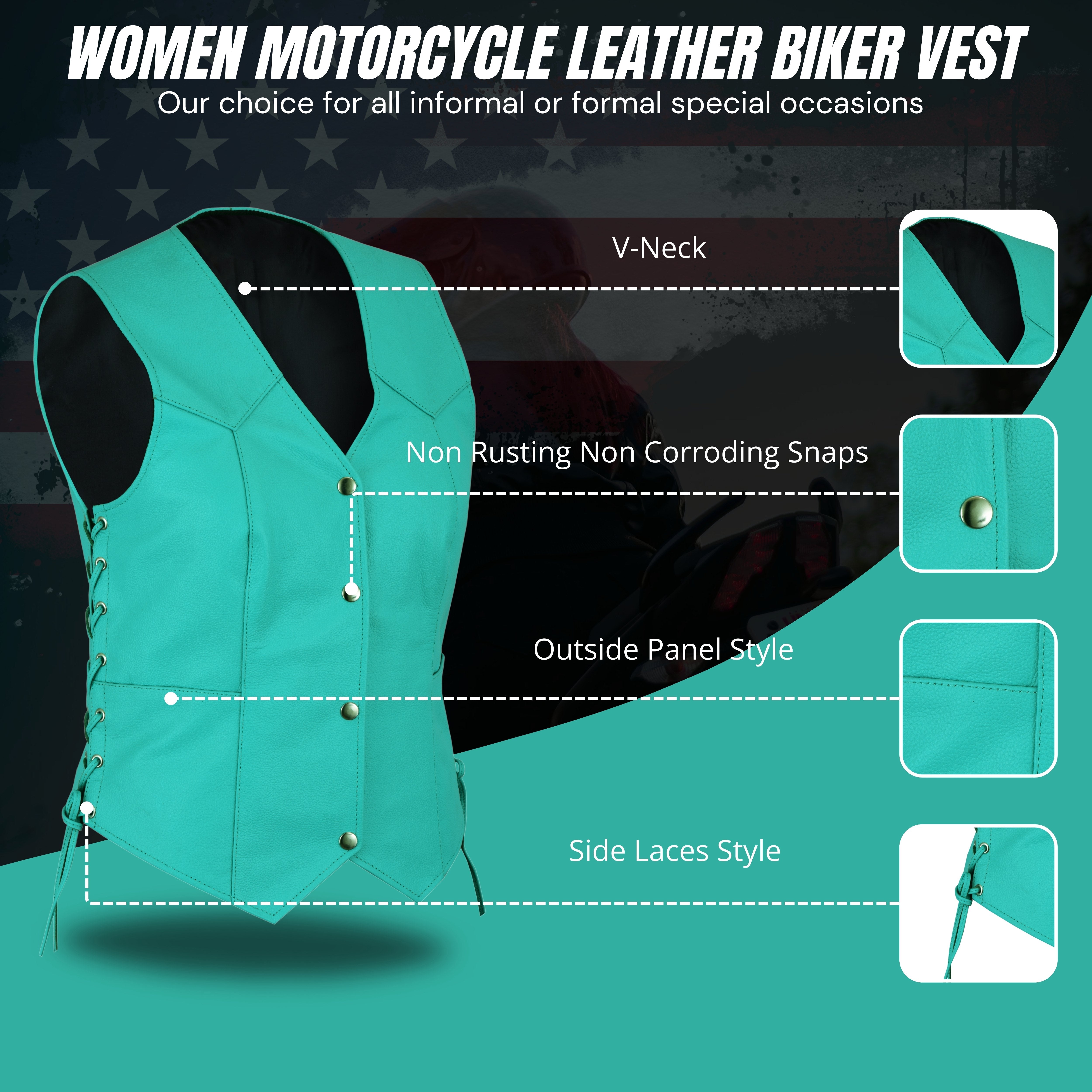 Teal Leather Side-Laced Club Vest for Women – Concealed Gun Pockets by Rexons